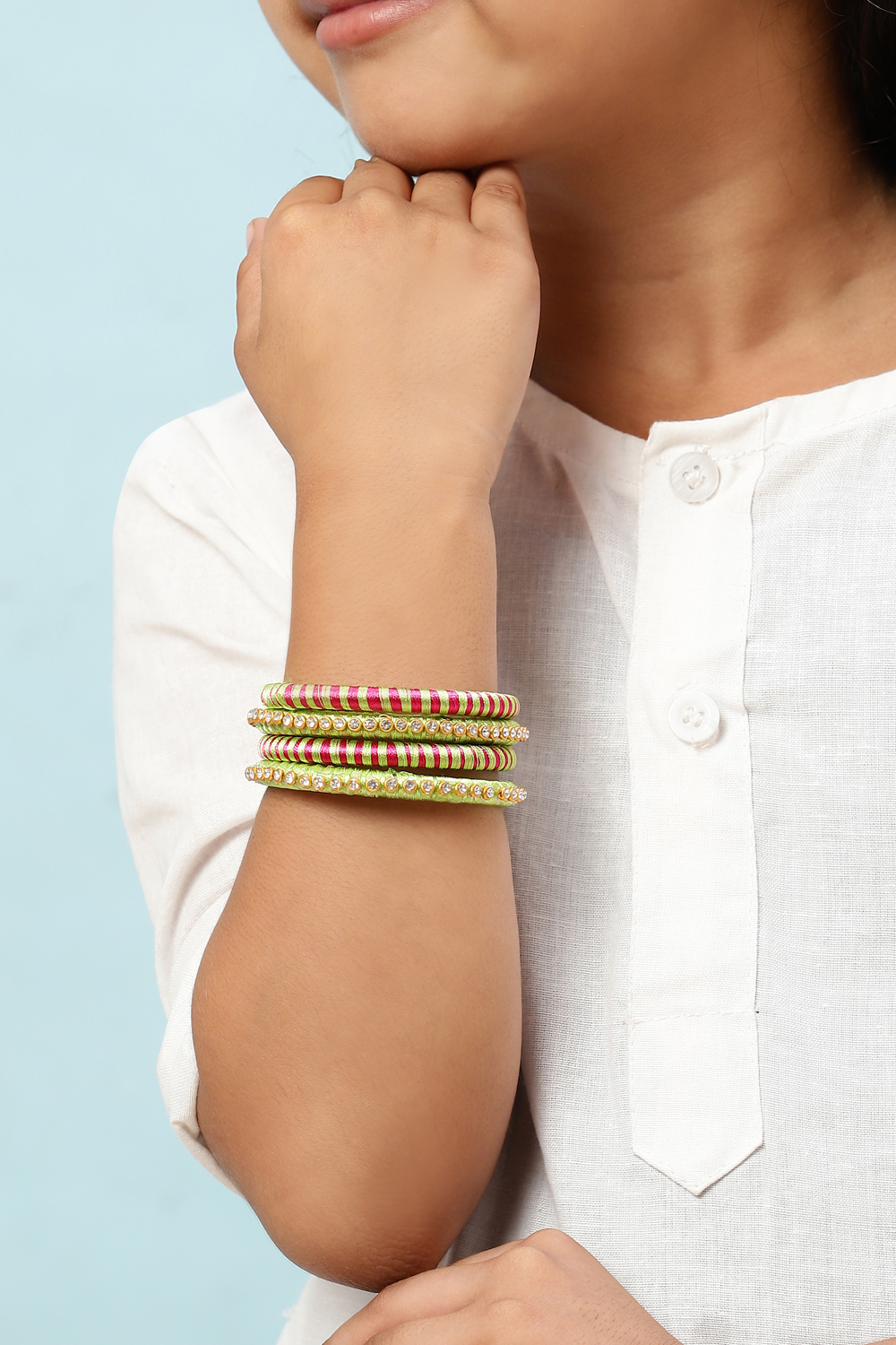 Rani Pink & Parrot Green Plastic Thread Kids Bangles image number 3