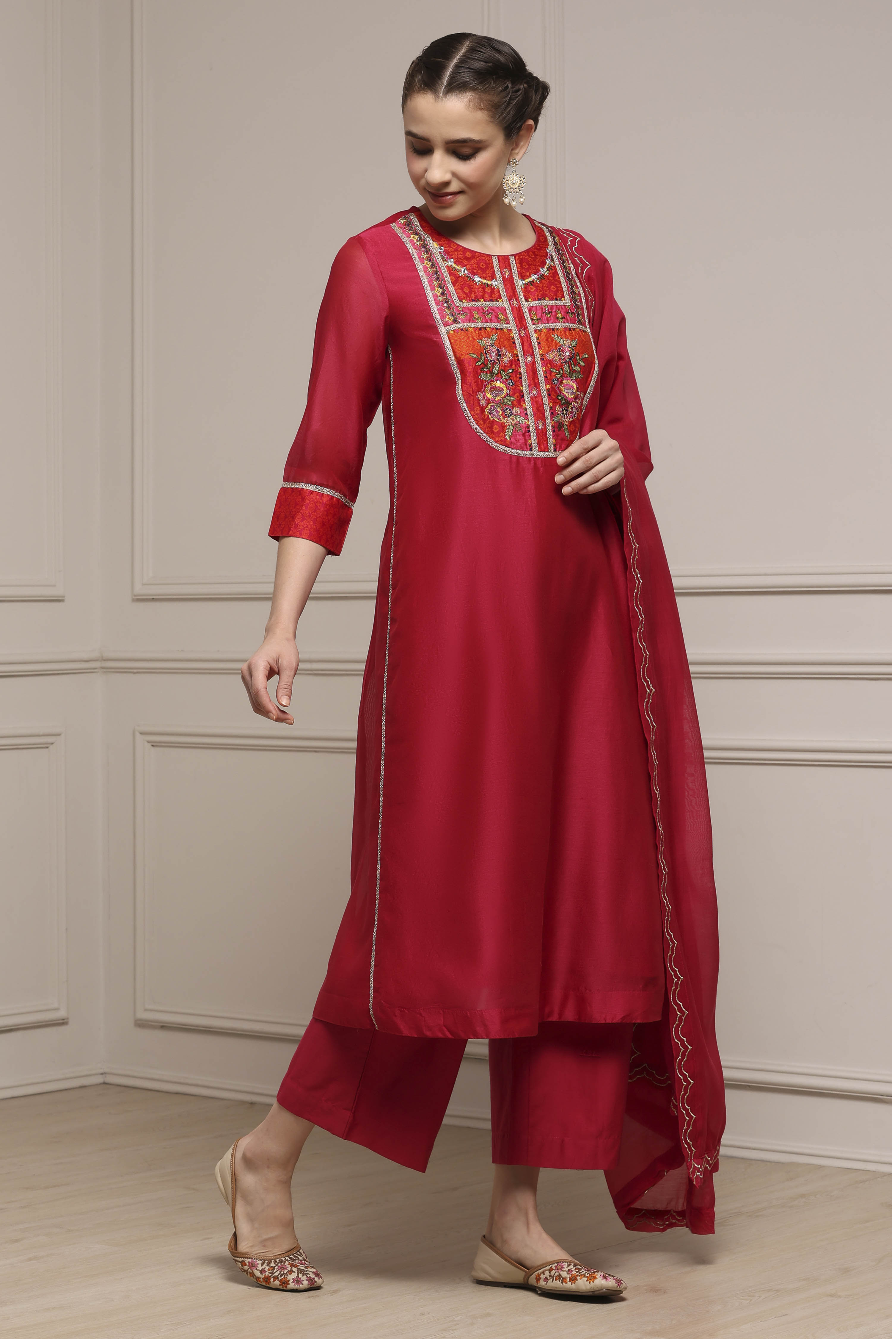 Pink Chanderi Kalidar Dyed Suit Set image number 5