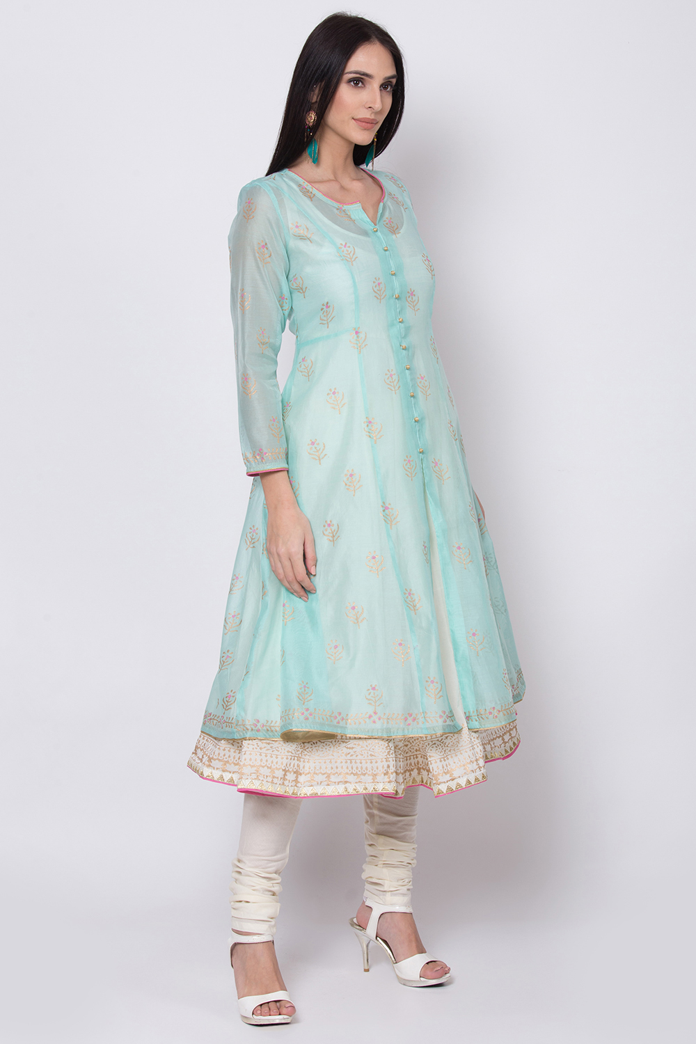 Coral Poly Cotton Front Open Kurta Churidar Suit Set image number 4