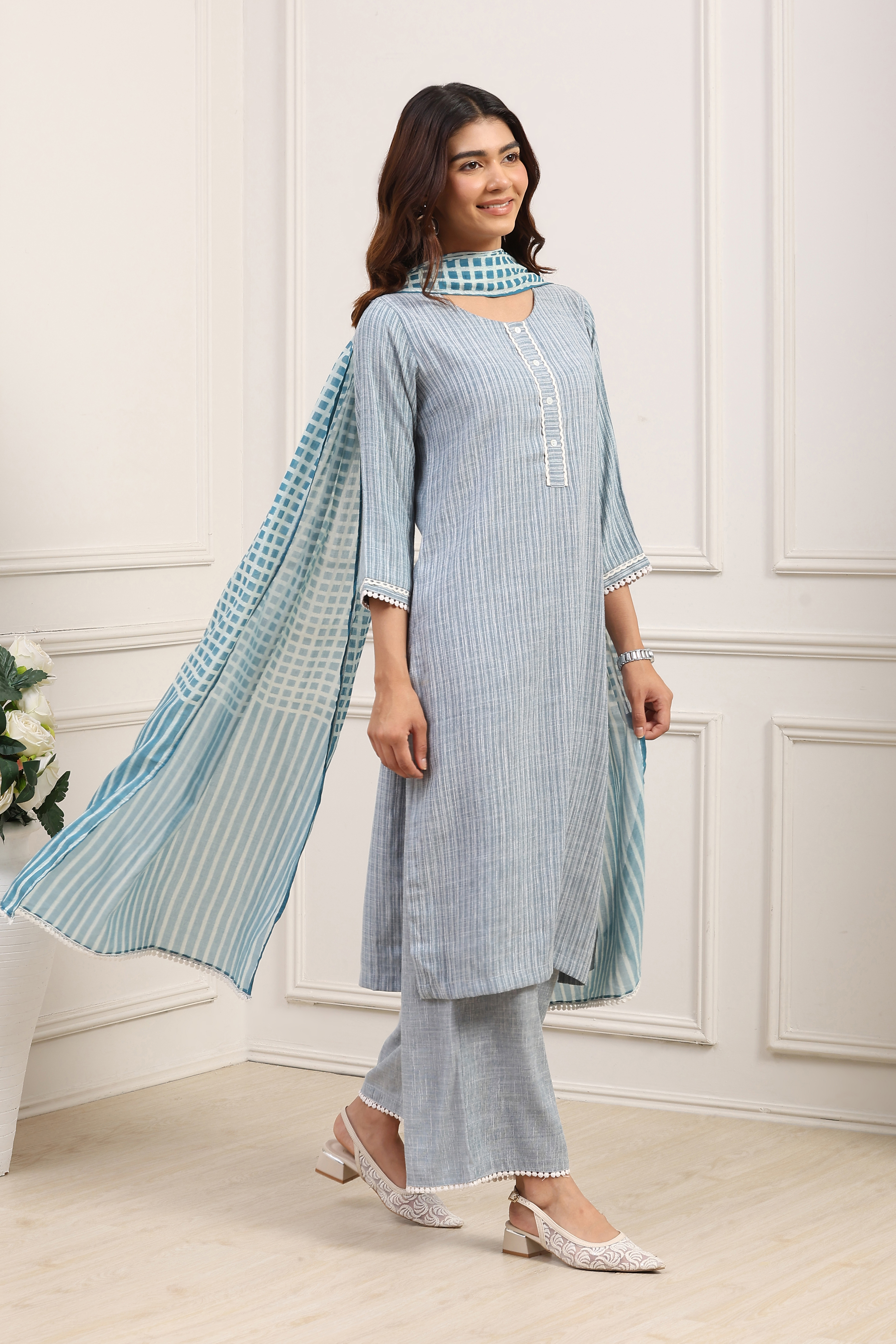 Pale Yellow Cotton Blend Straight Kurta Palazzo Suit Set image number 5