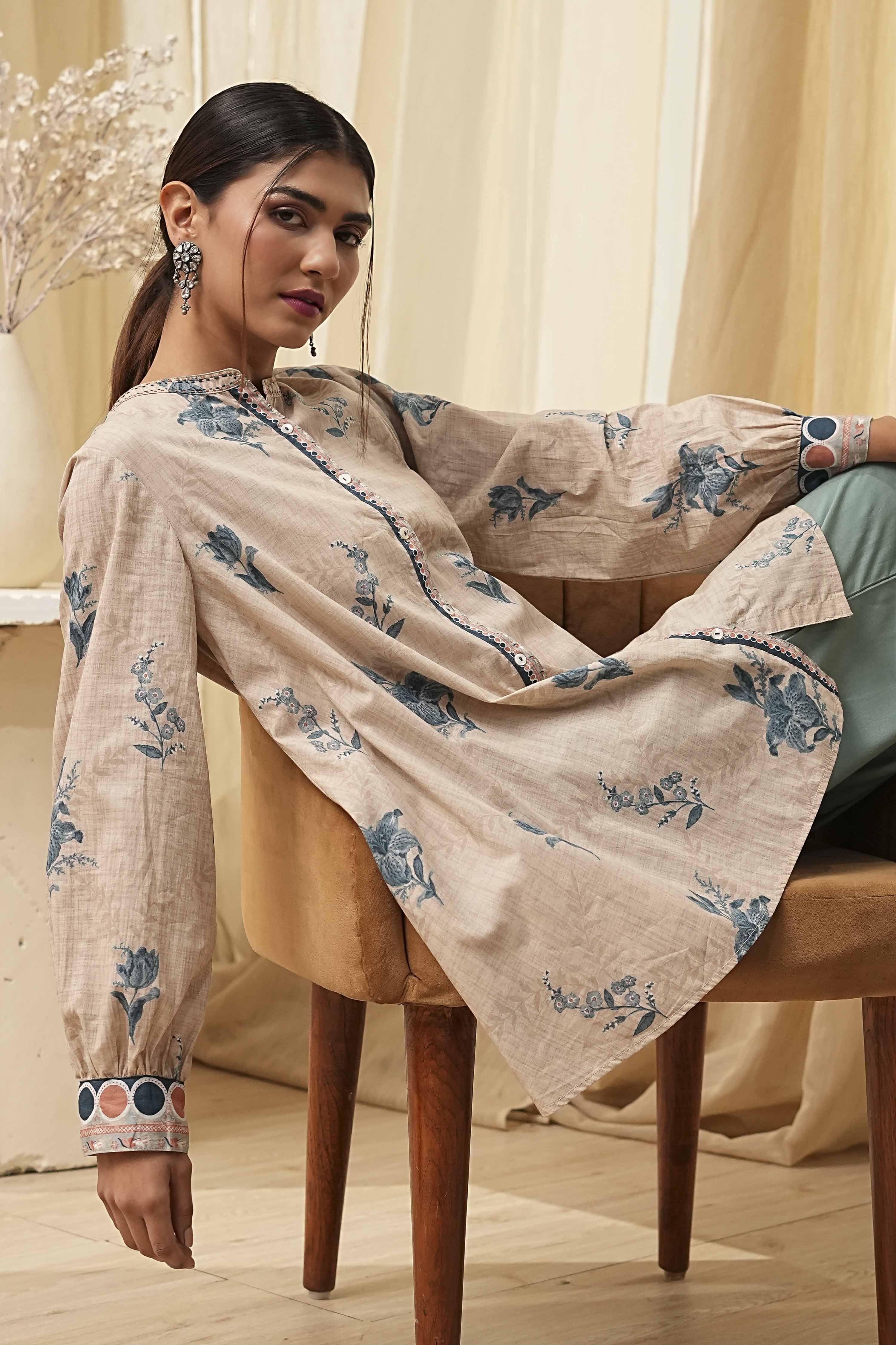 Beige Pure Cotton Shirt-Style A-Line Short Kurta image number 0