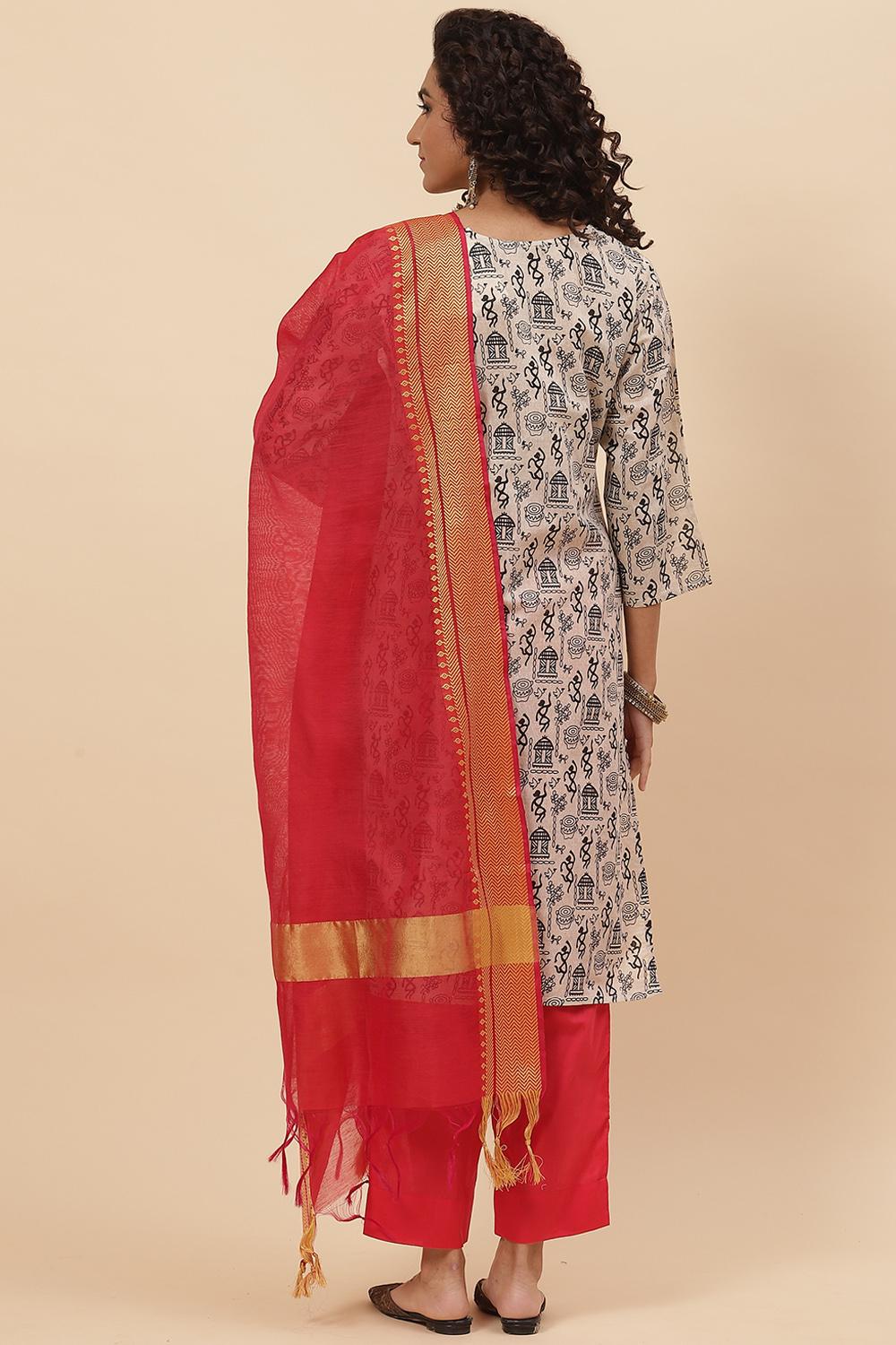 Off White Cotton Handloom Unstitched Suit Set image number 4