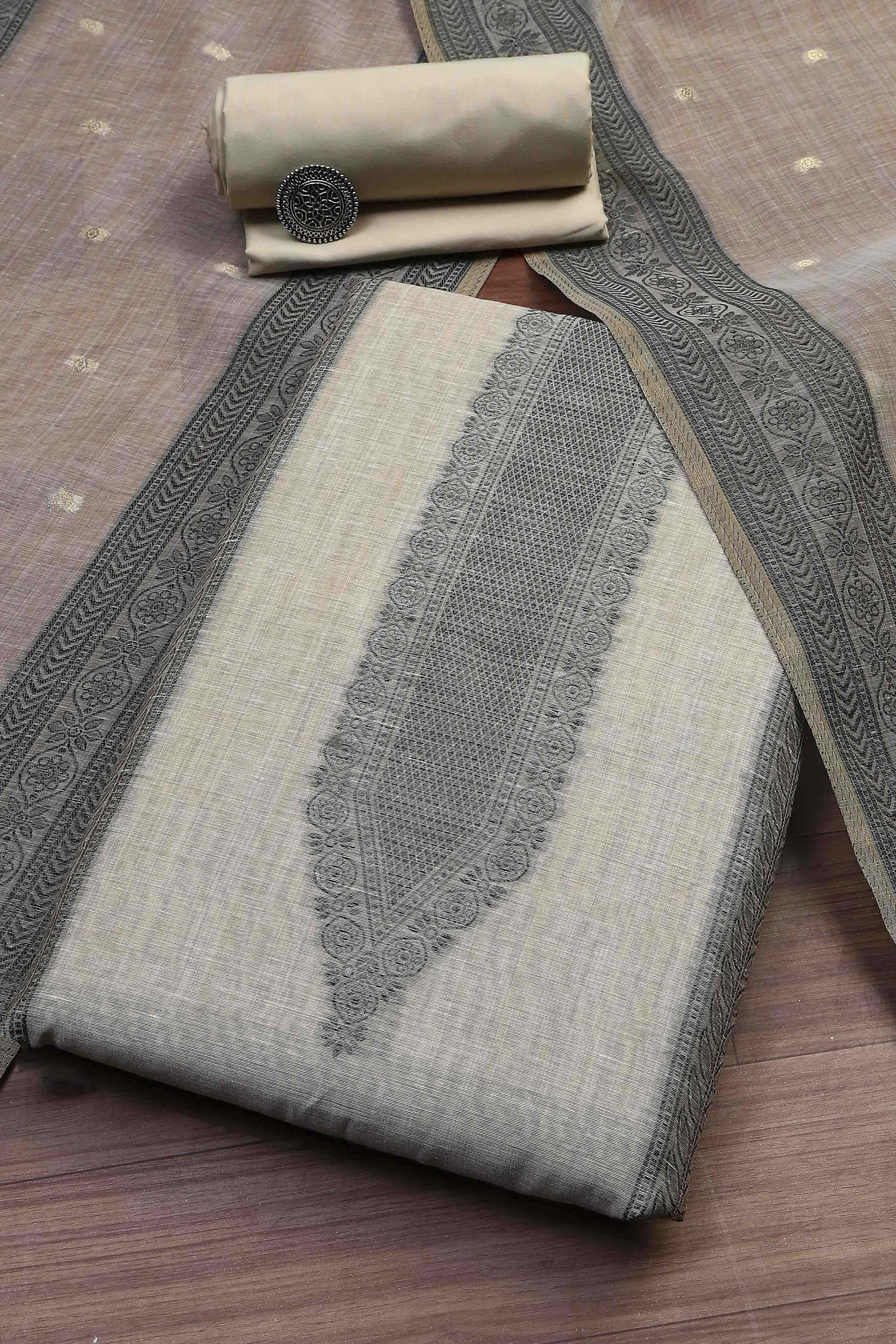 Blue Cotton Royal-Mughal Booti Print Unstitched Suit Set image number 0