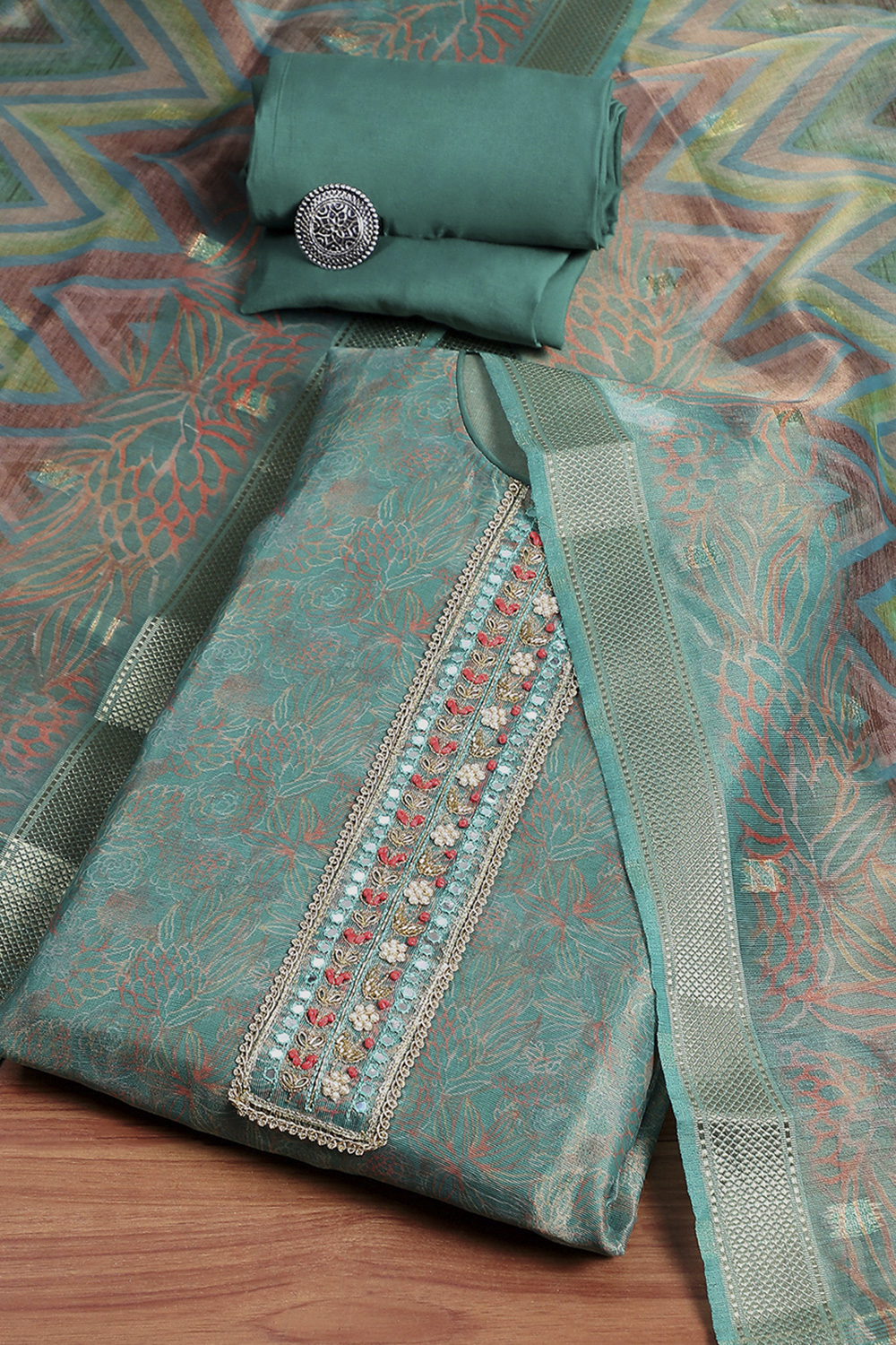 Orange Cotton Printed Embroidered Unstitched Suit Set image number 0