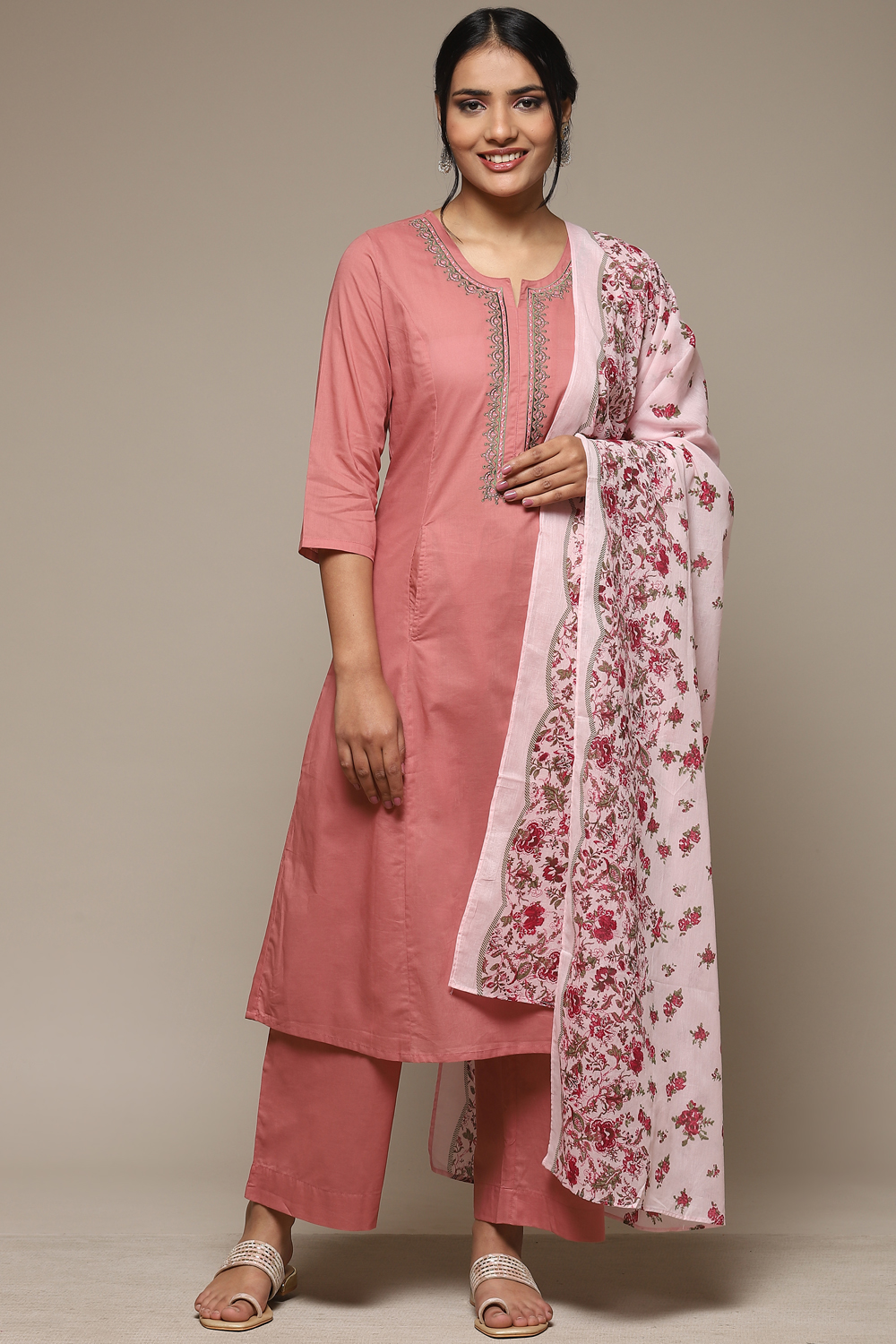 Peach Cotton Kalidar Kurta Palazzo Suit Set image number 7