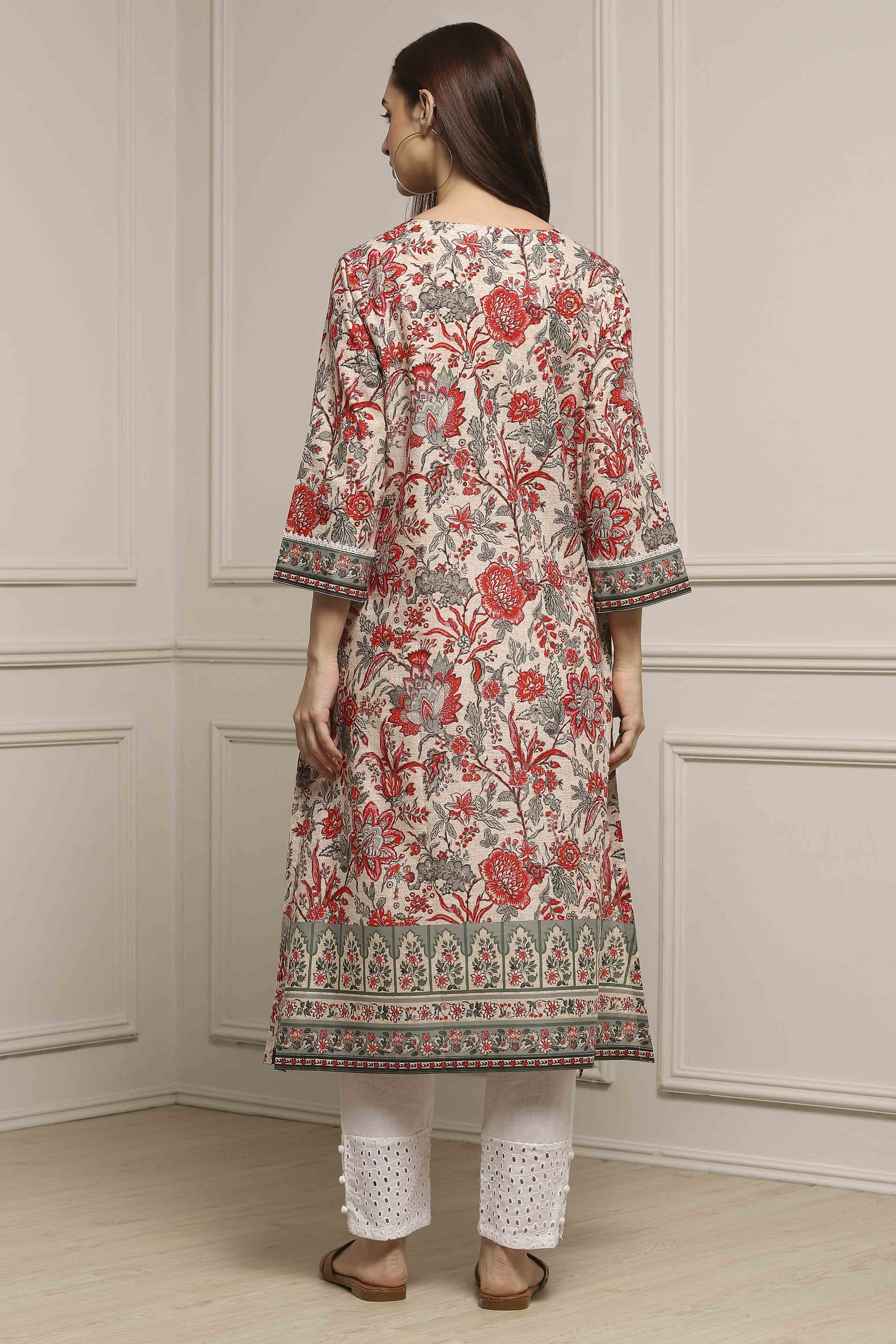 Off White Cotton Straight Printed Kurta image number 3