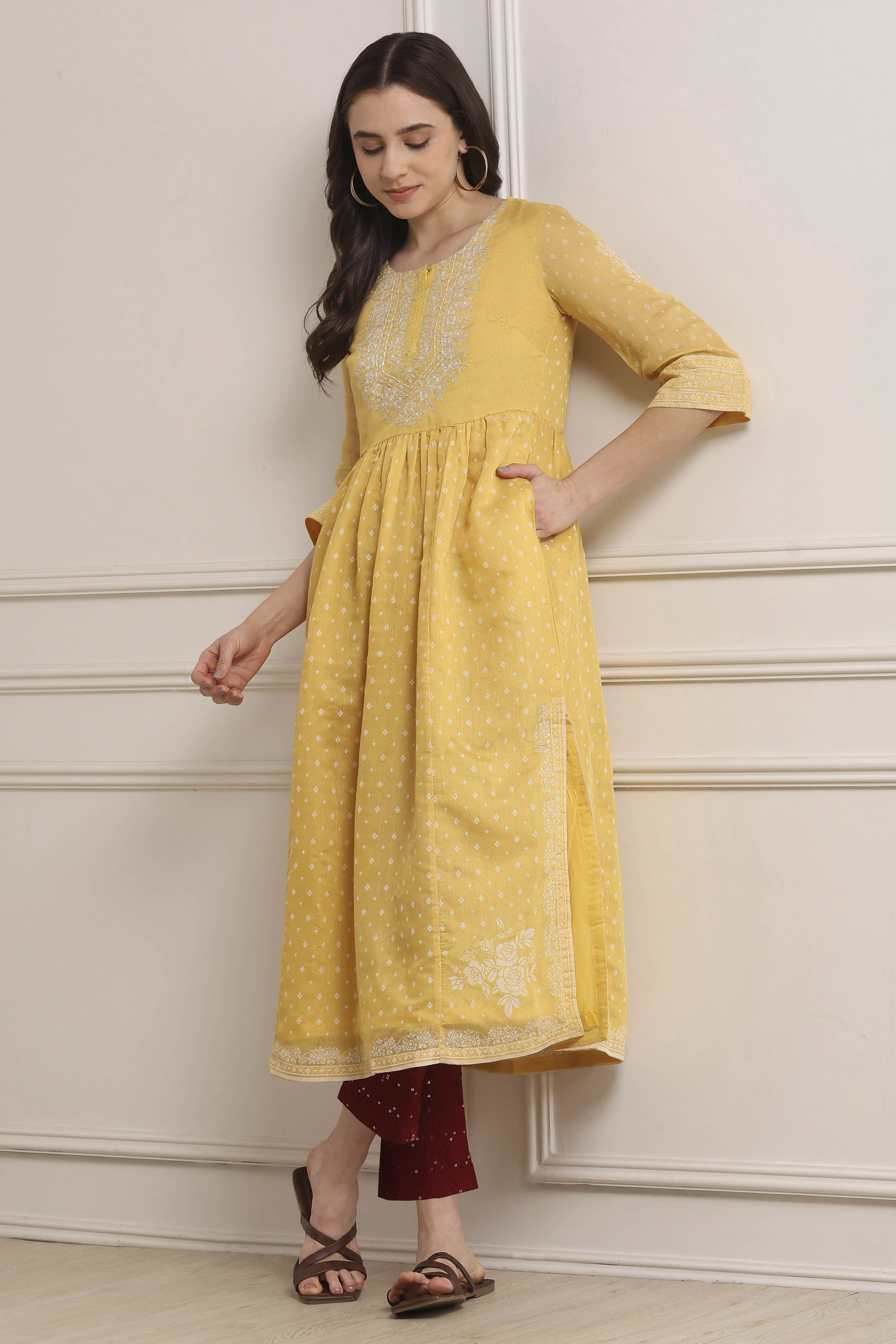Yellow Polyester Flared Kurta Pants Set image number 0