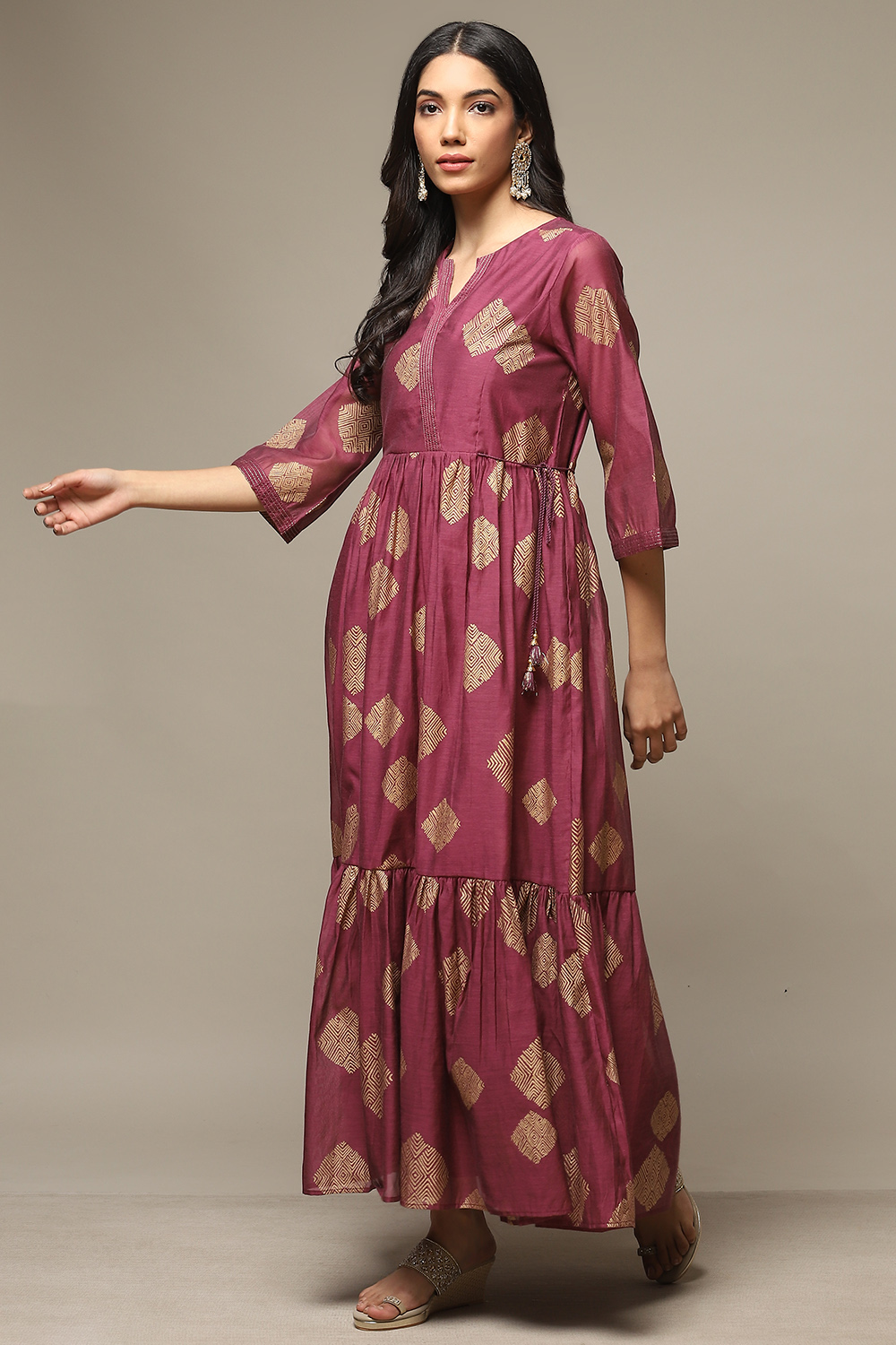Golden Yellow Cotton Blend Tiered Printed Dress image number 3