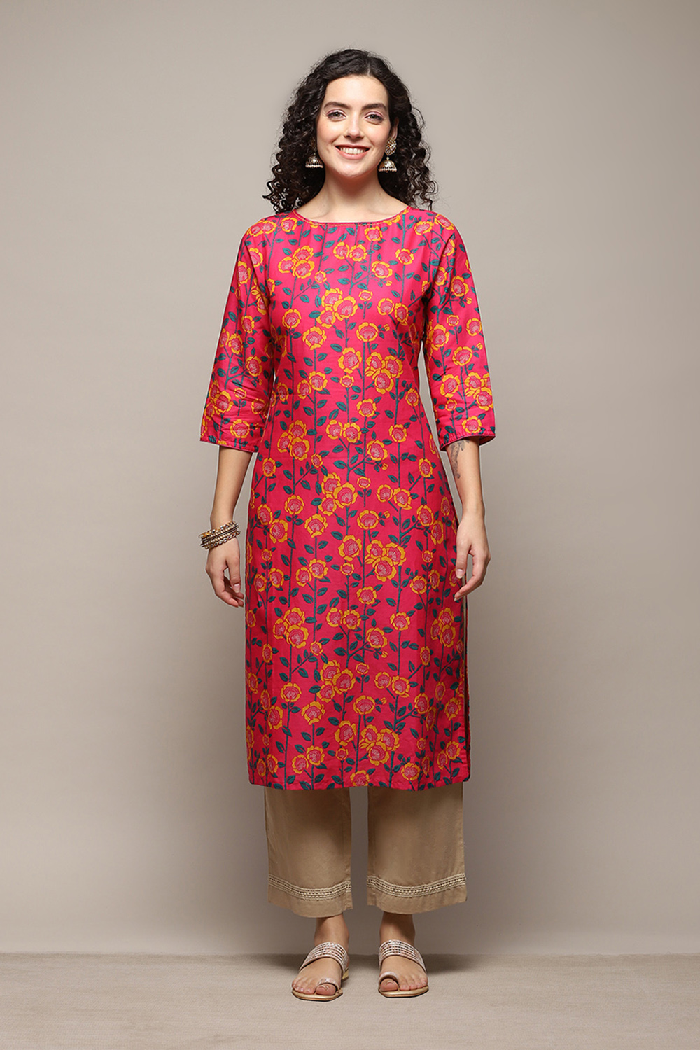 Fuchsia Cotton Straight Printed Kurta image number 0