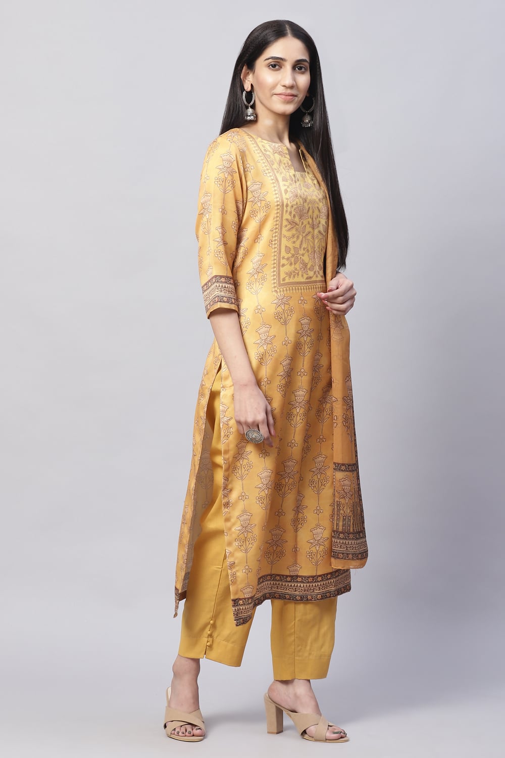 Navy Silk Blend Digital Print Unstitched Suit Set image number 6