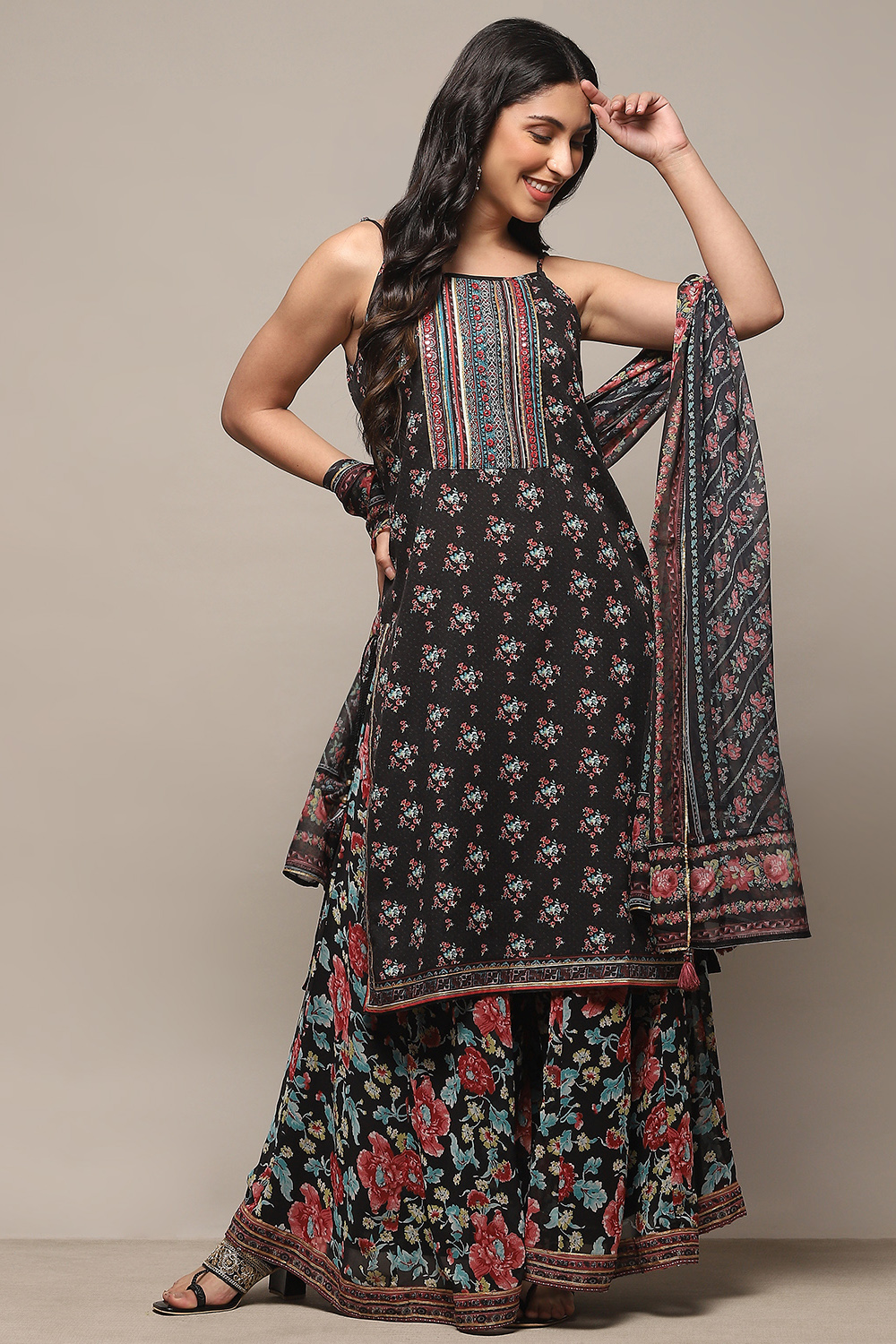 Black Linen Blend Straight Suit set image number 0