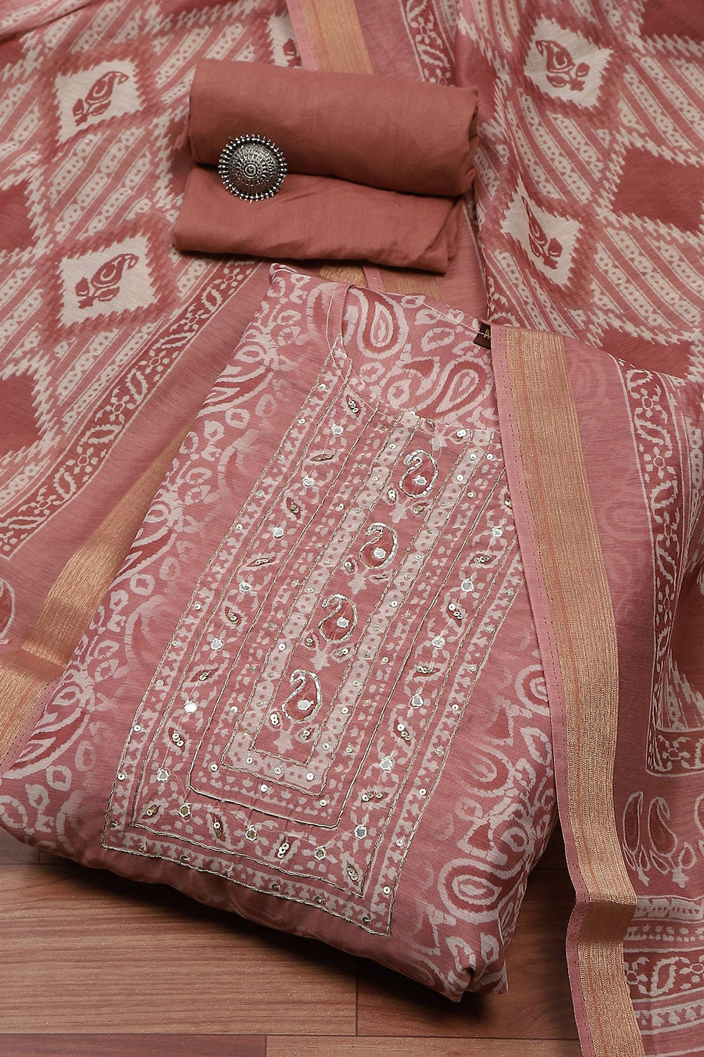 Yellow Chanderi Digital Print Unstitched Suit Set image number 0