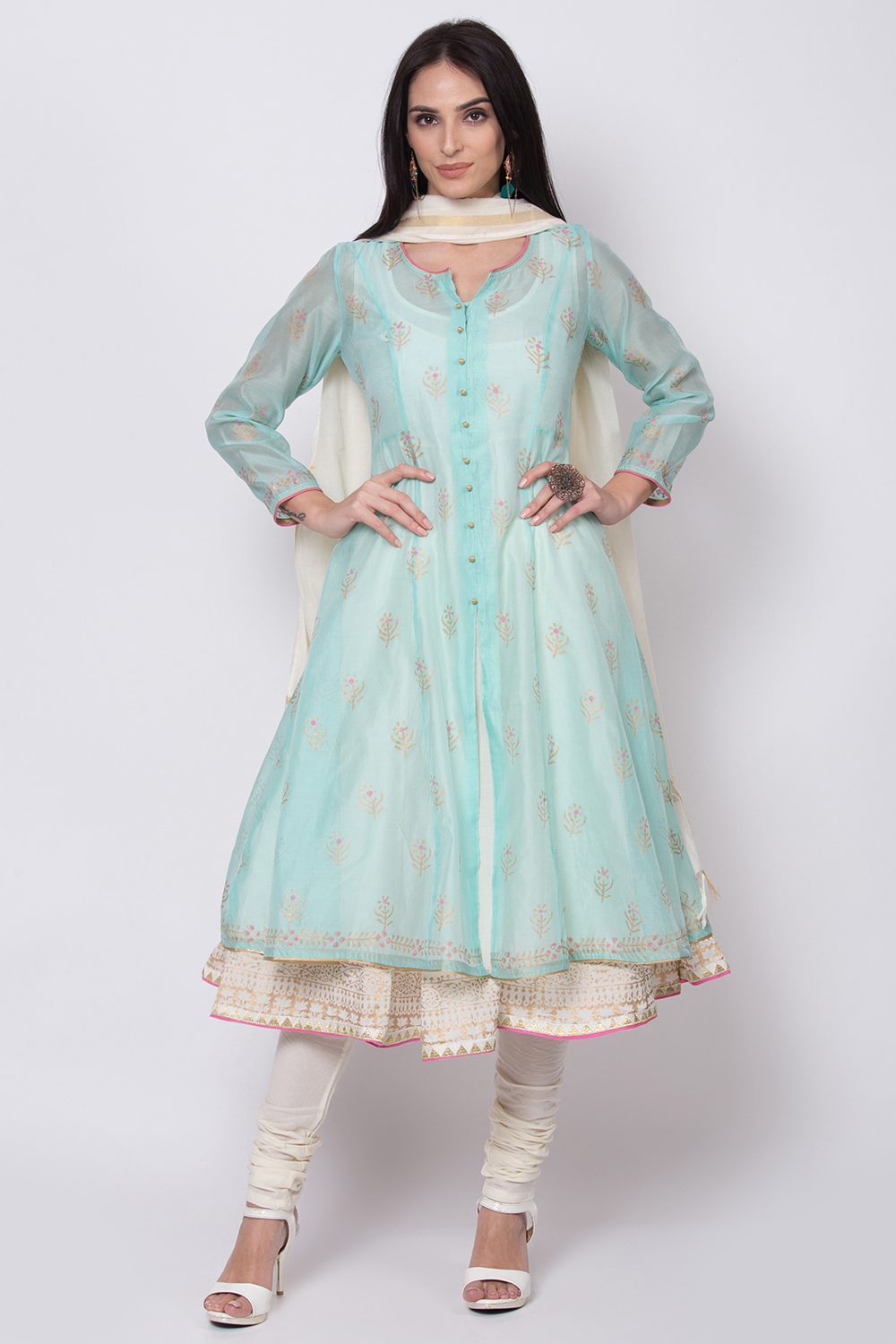 Coral Poly Cotton Front Open Kurta Churidar Suit Set image number 0