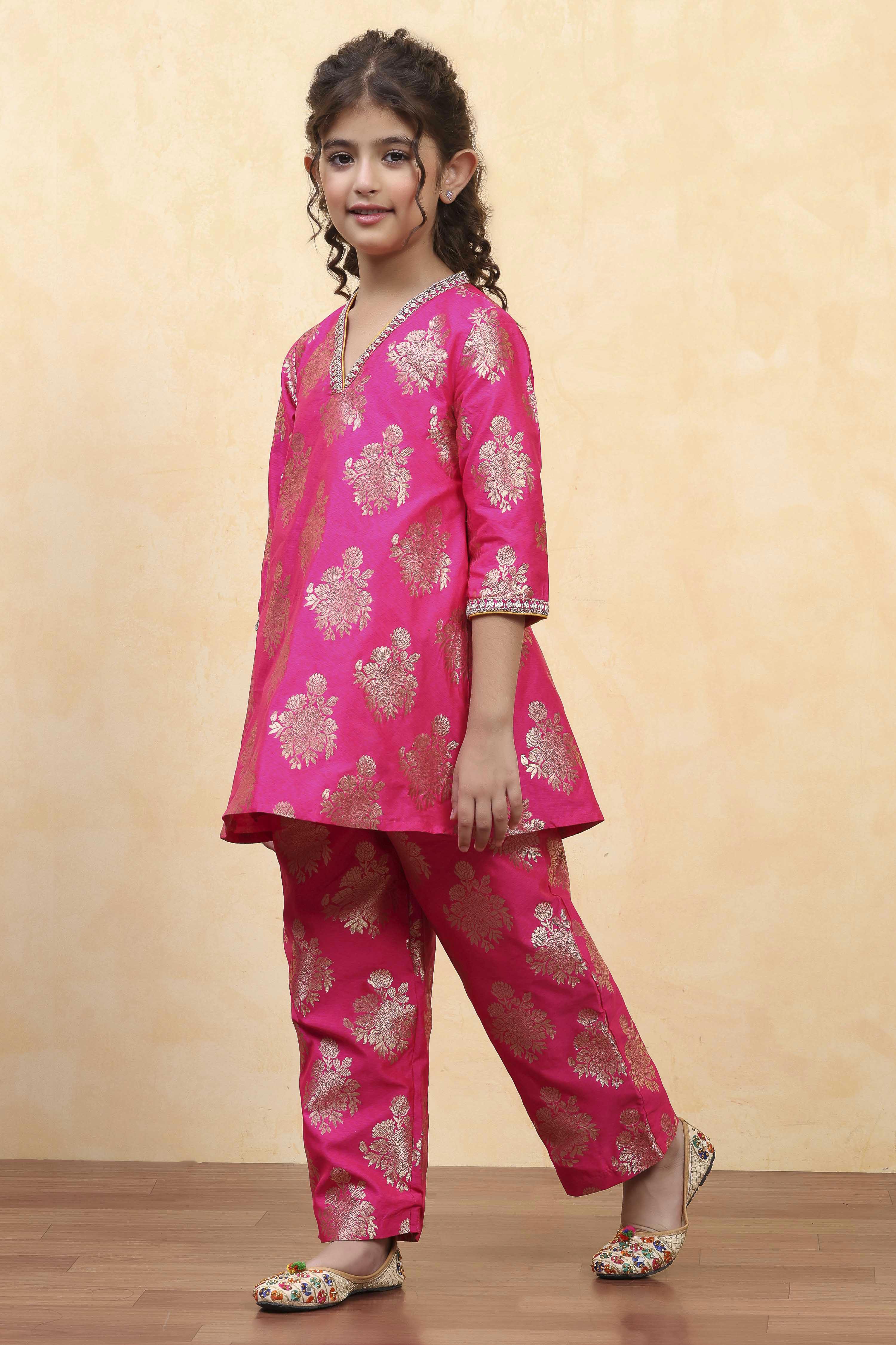 Fuchsia Art Silk Flared Kurta Pants Set image number 3