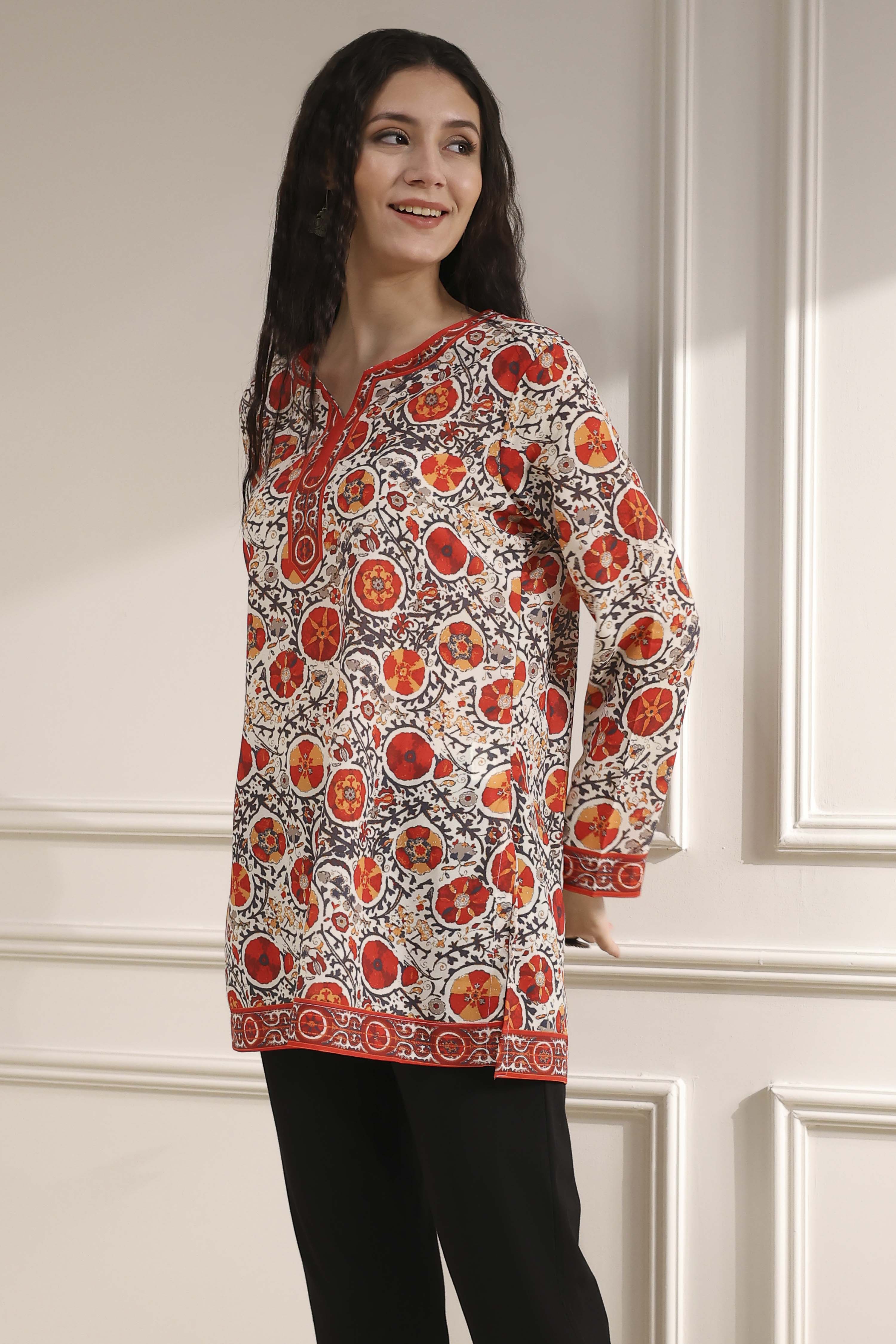Mustard Red Polyester Straight Printed Short Kurta image number 2