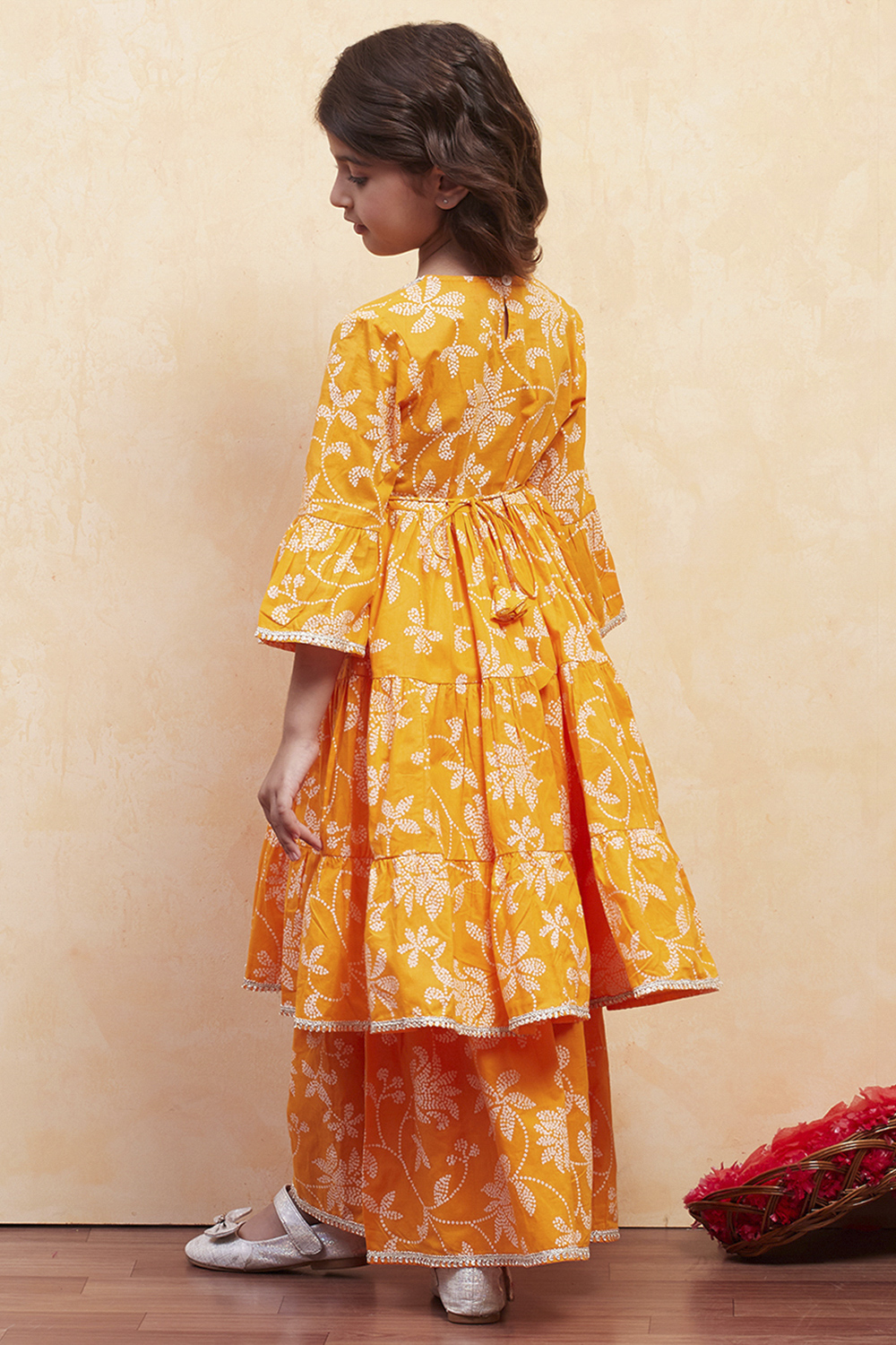 Orange Cotton Printed Tiered Kurta Set image number 4