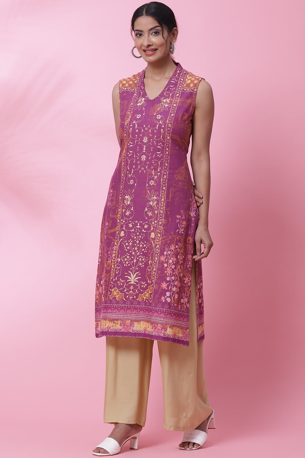 Purple Cotton Straight Printed Kurta image number 2