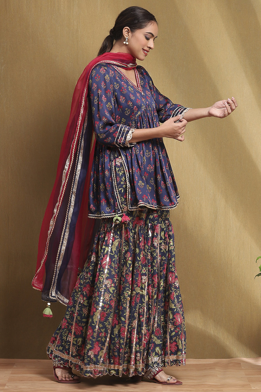 Navy Blue Viscose Floral Peplum Suit Set image number 5