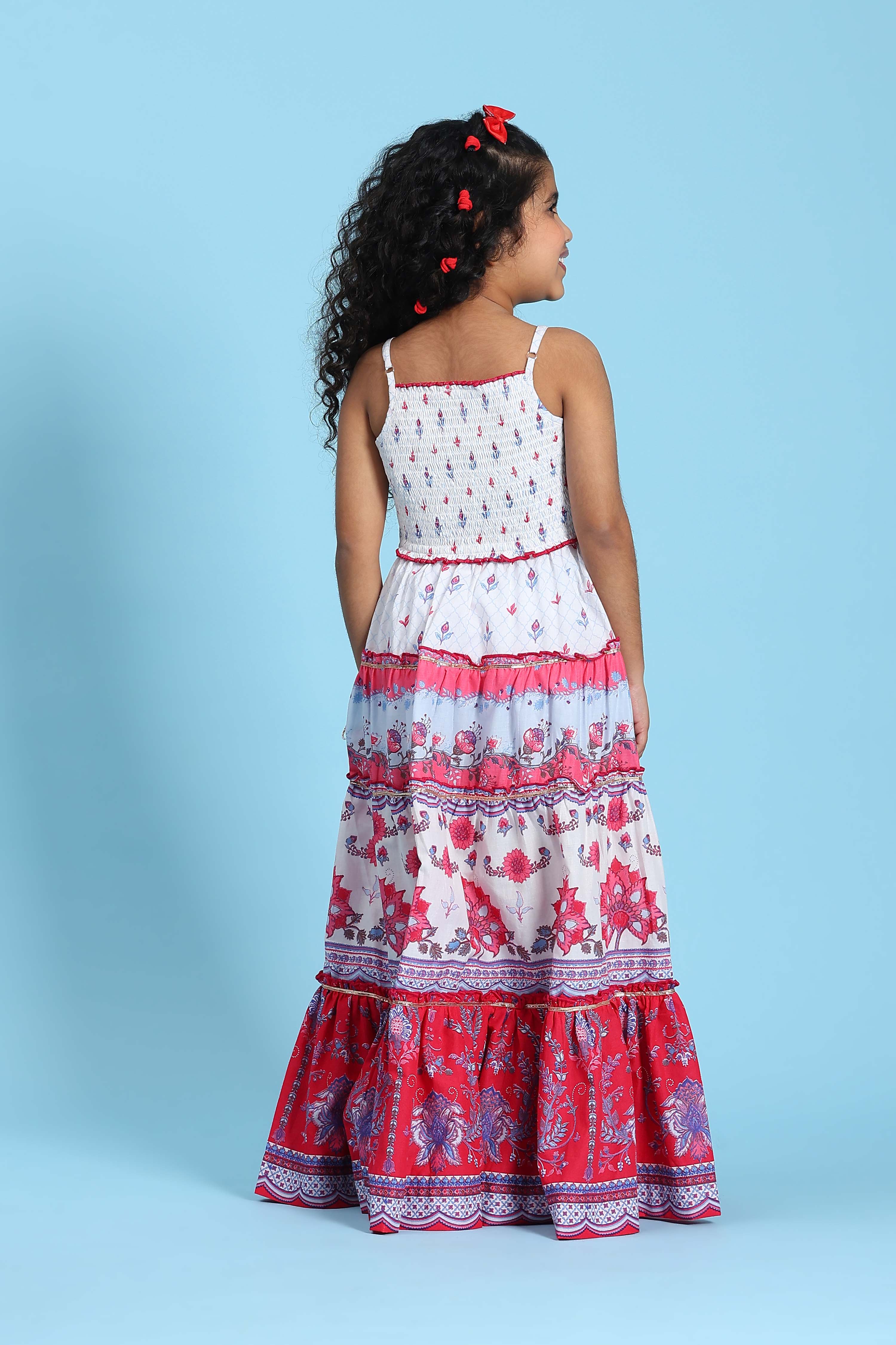 White Cotton Printed Tiered Lehenga Set image number 4