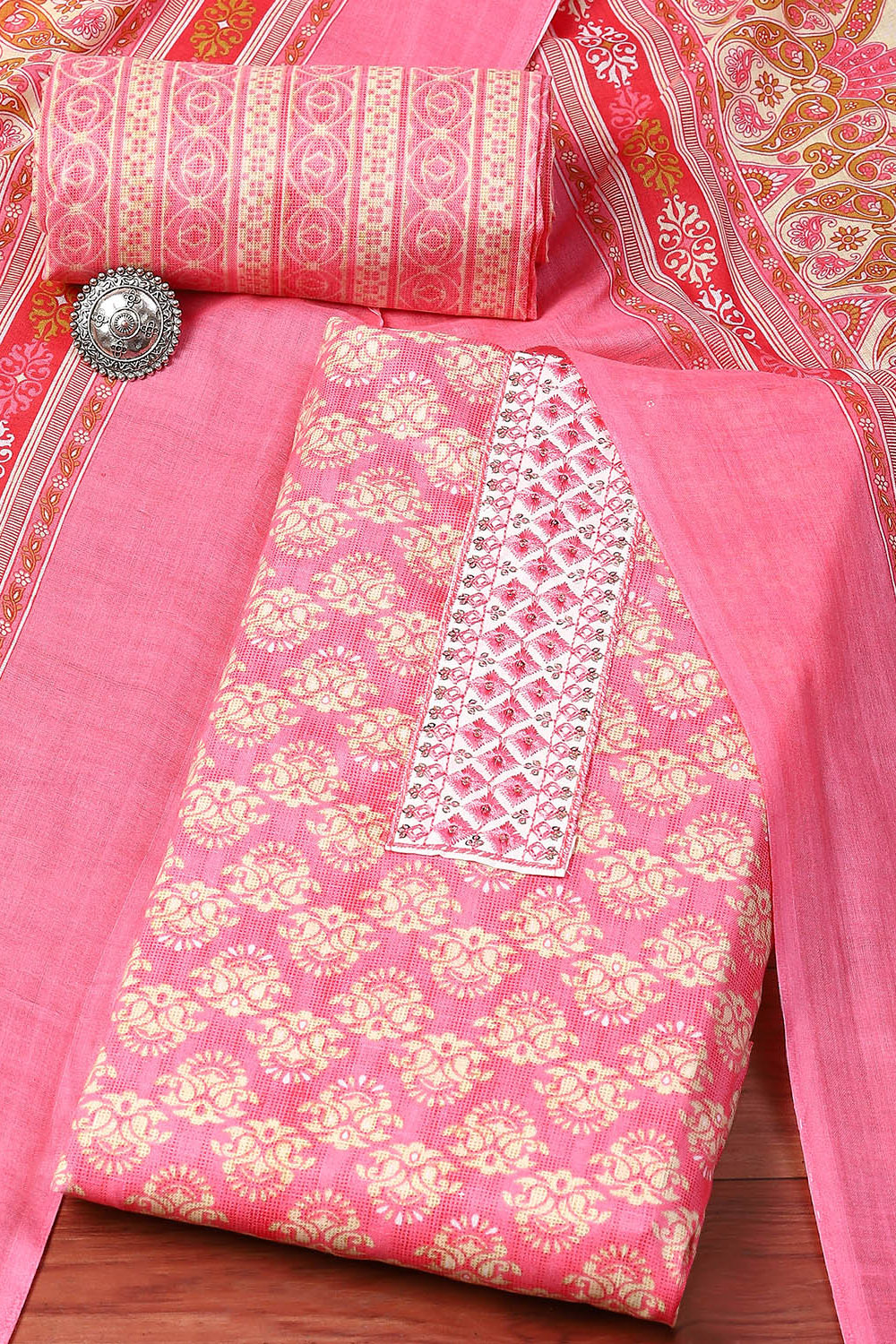 Pink Cotton Printed Unstitched Suit Set image number 0
