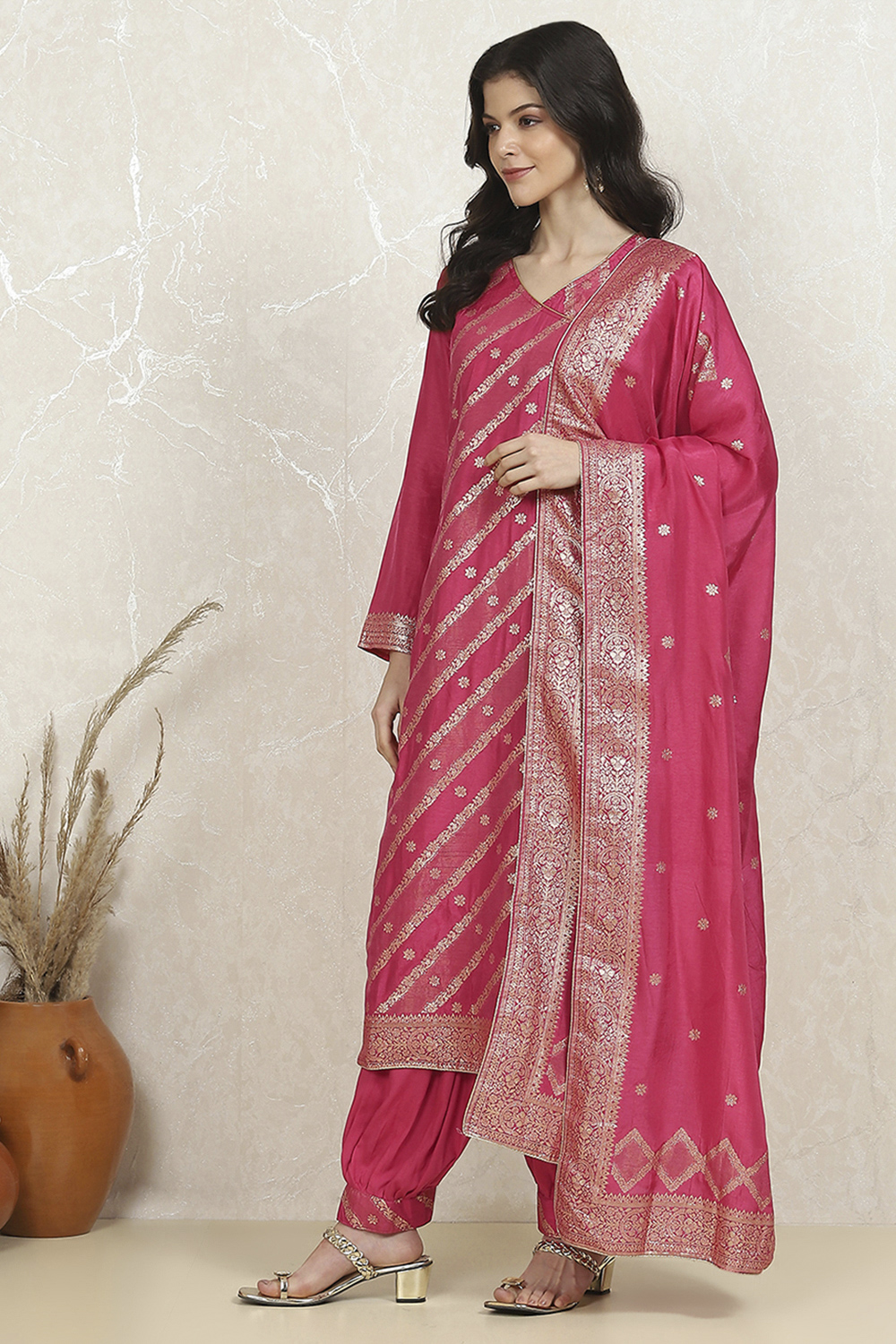 Pink Cotton Printed Embroidered Unstitched Suit Set image number 4