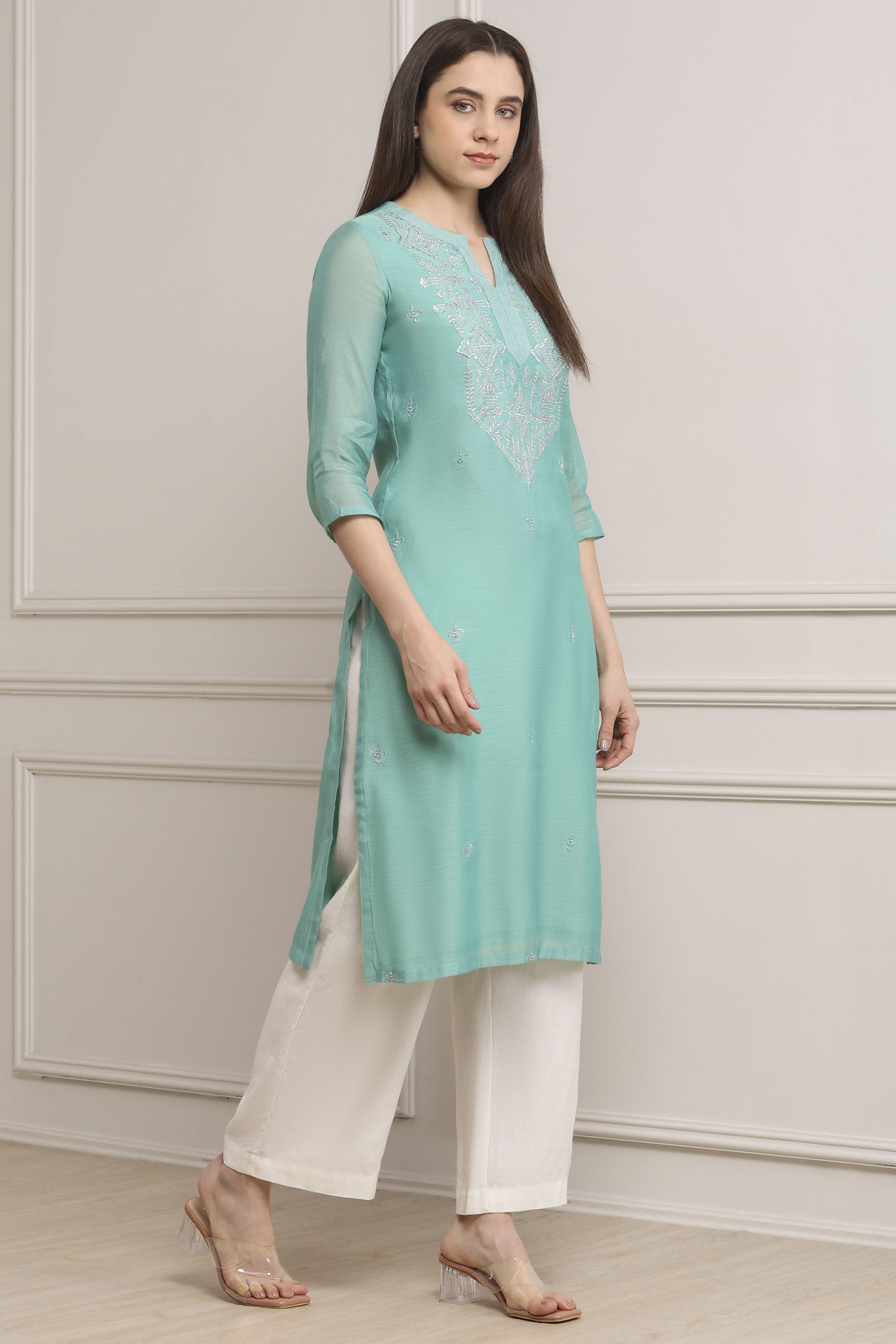 Sea Green Polyester Straight Kurta Pants Set image number 5