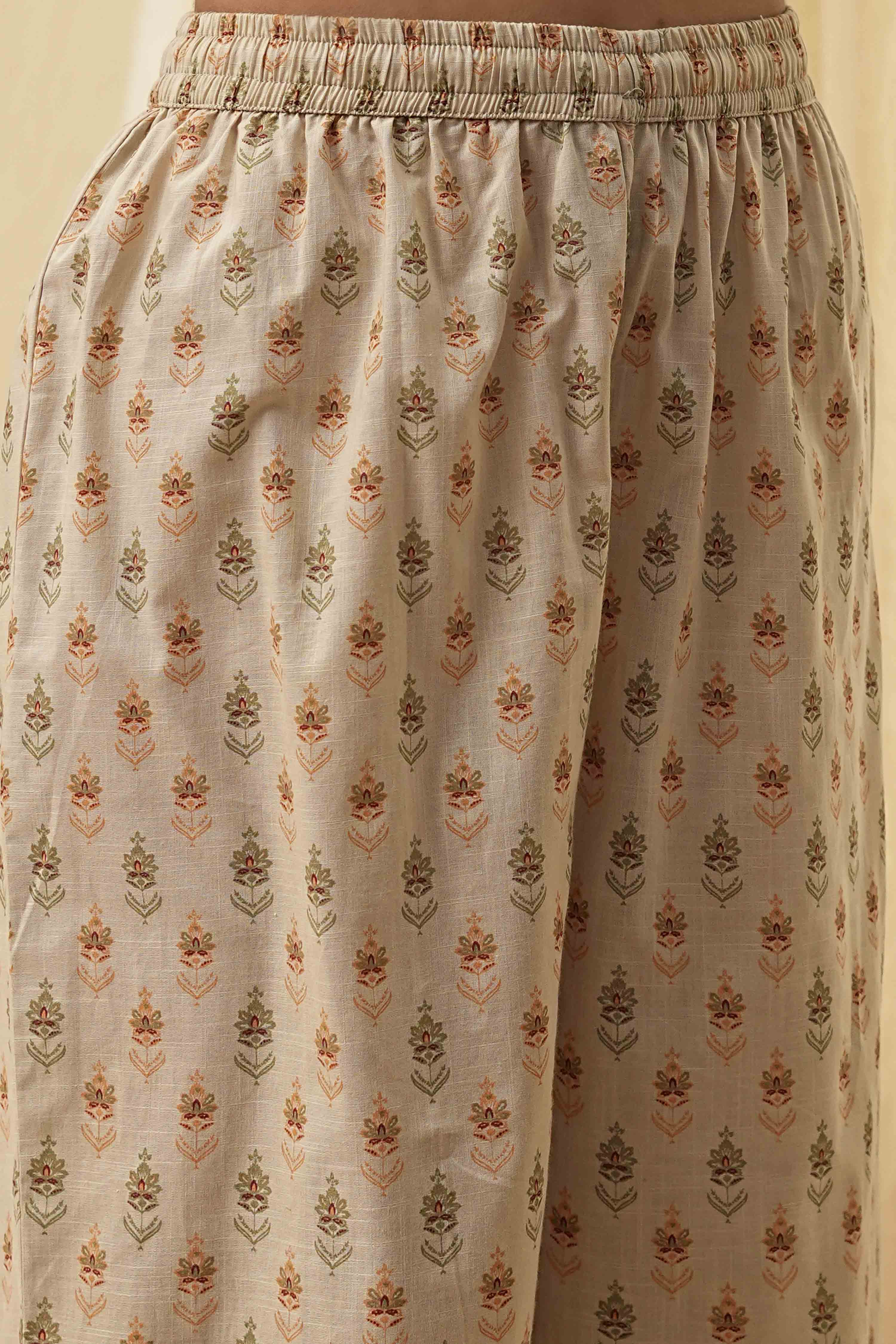 Beige Pure Cotton Floral Kalidar Kurta Set image number 2
