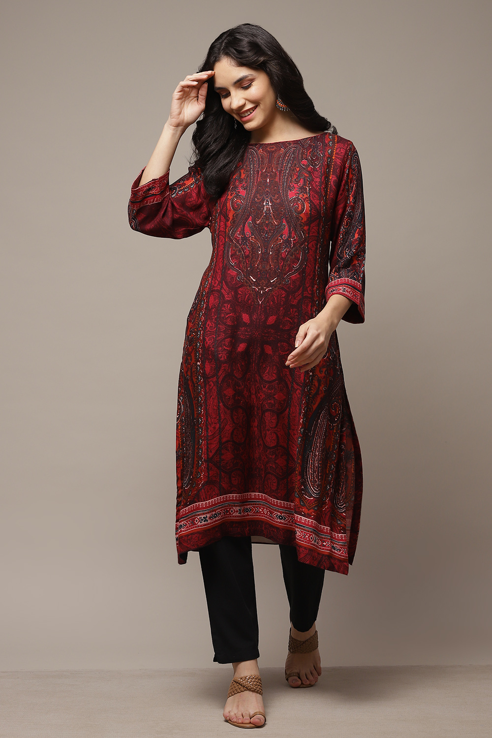 Red Viscose A-Line Printed Kurta image number 0