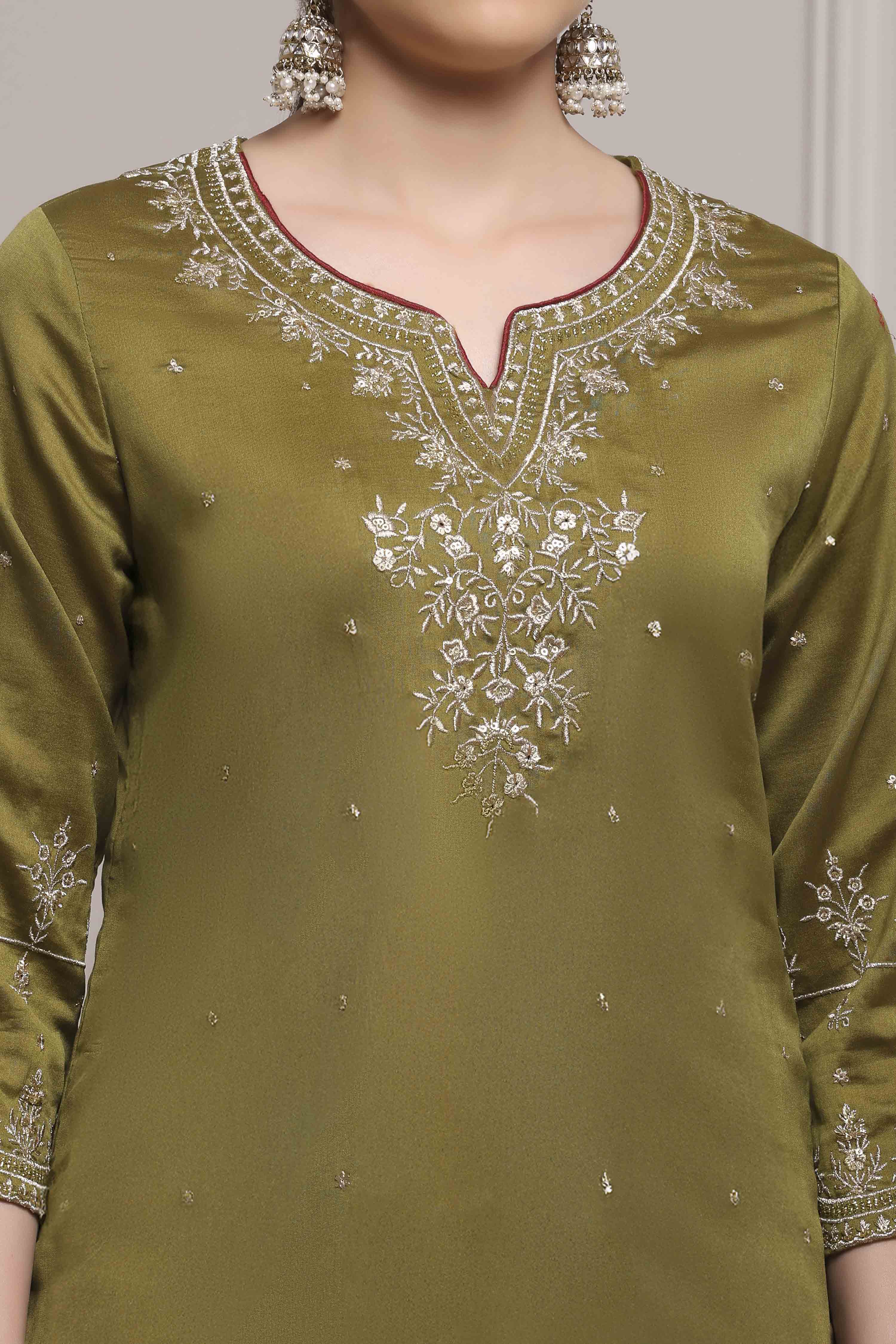 Mehndi Green Cotton Silk Straight Suit Set image number 3