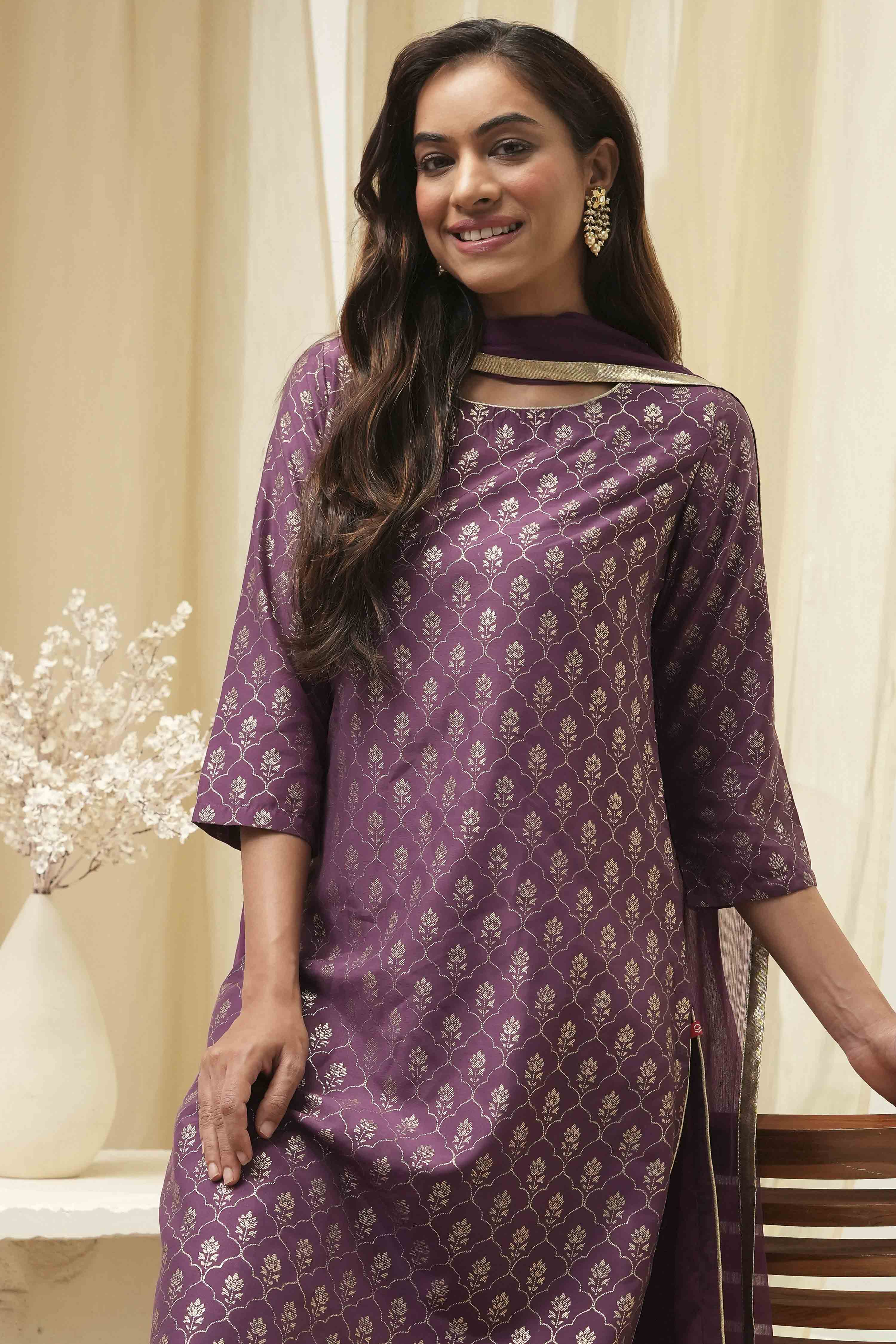 Dark Navy Art Silk Straight Kurta Slim Pants Suit Set image number 1