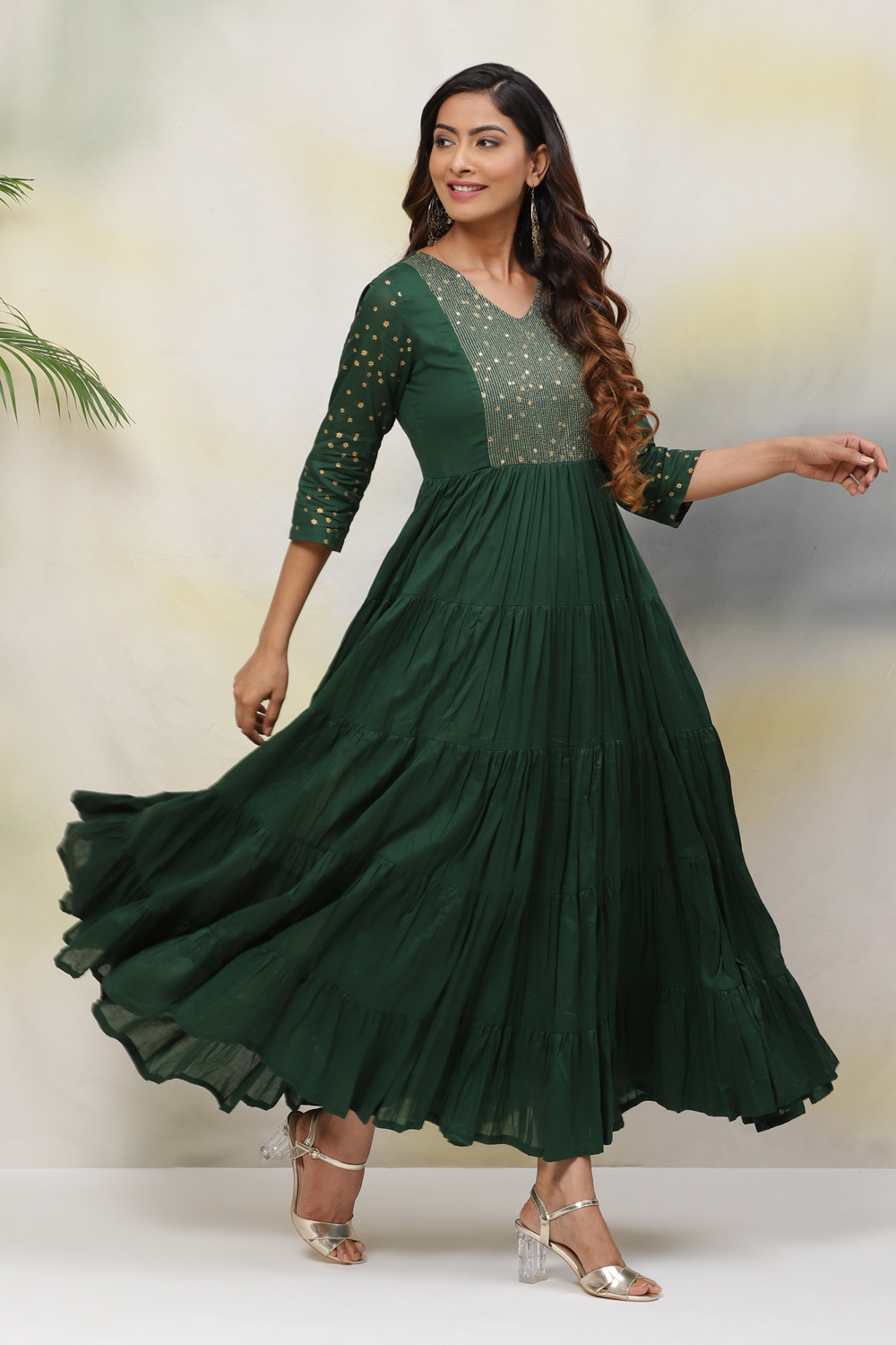 Green Straight Cotton Fusion Wear Dress image number 3