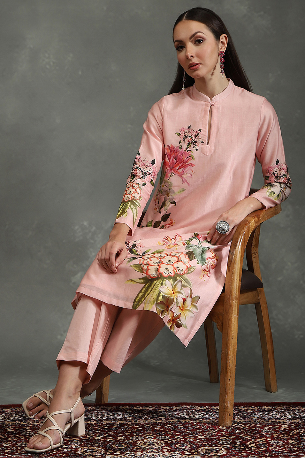 Ivory Silk Chanderi Floral Printed Straight Kurta Set image number 0