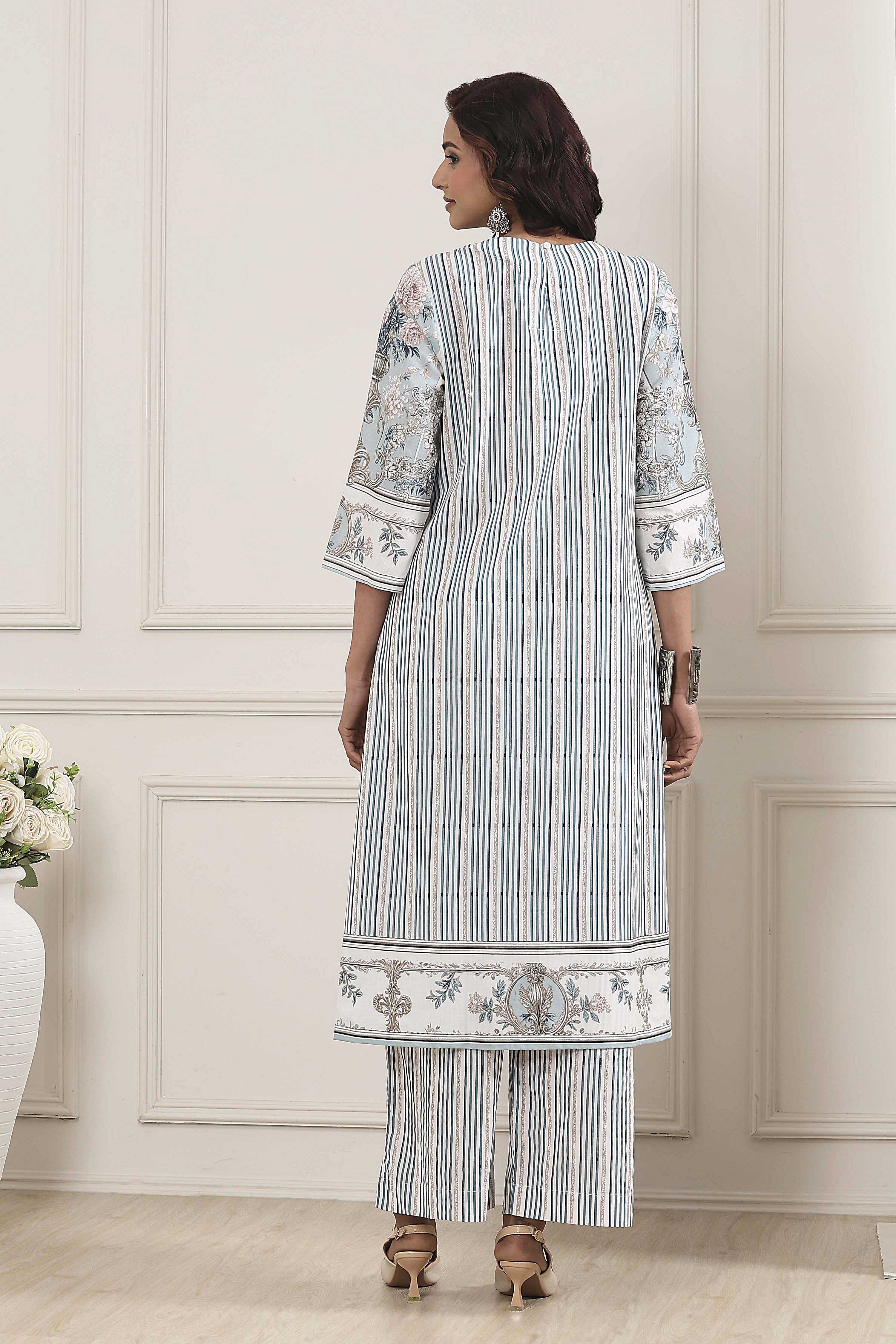 Turquoise Cotton Floral Printed Straight Suit Set image number 4