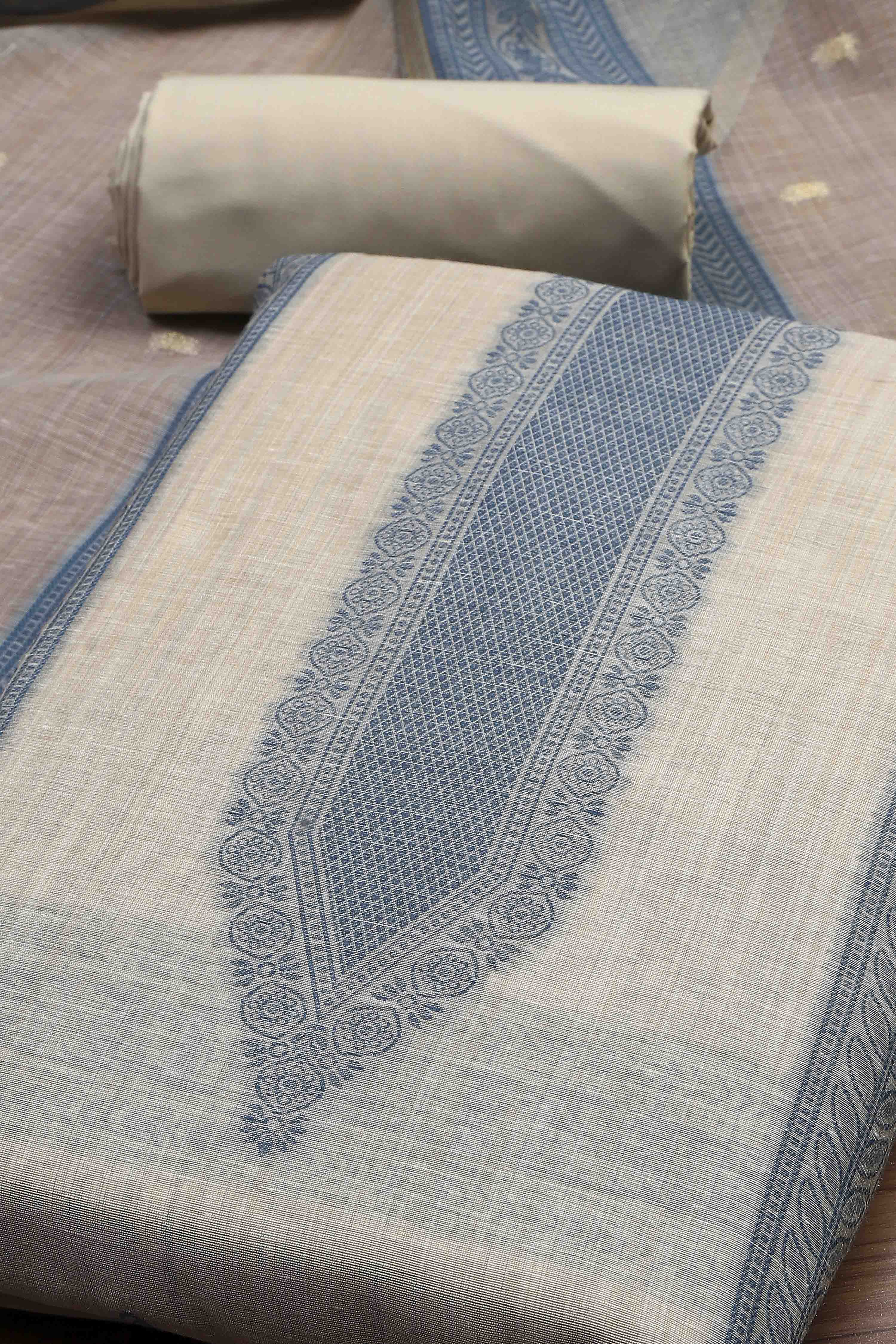 Blue Cotton Royal-Mughal Booti Print Unstitched Suit Set image number 1