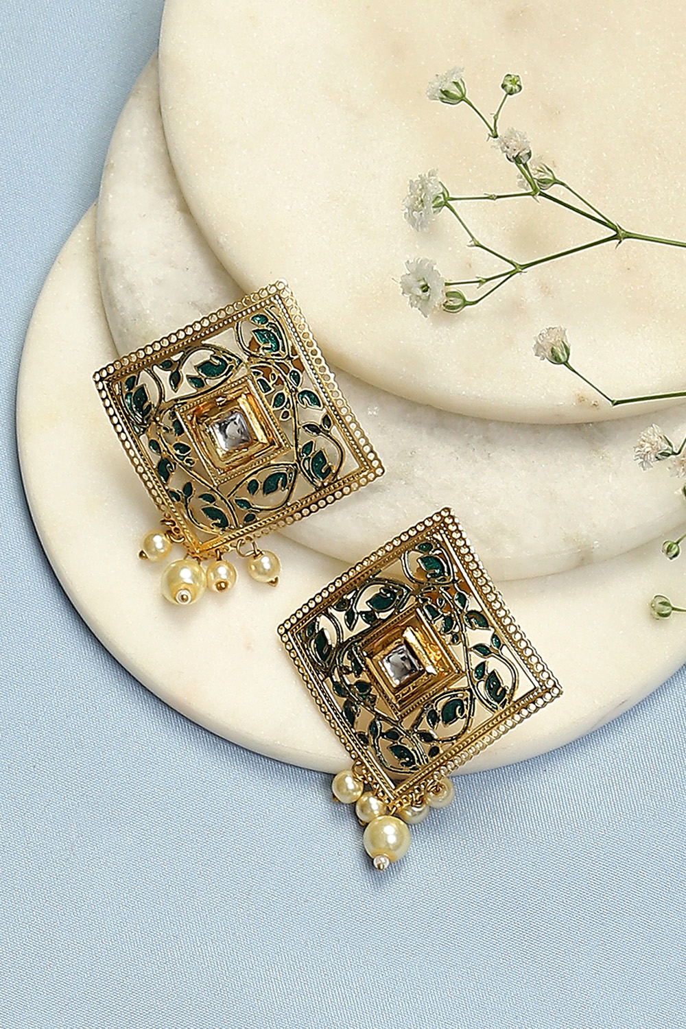 Gold Green Brass Earrings image number 0