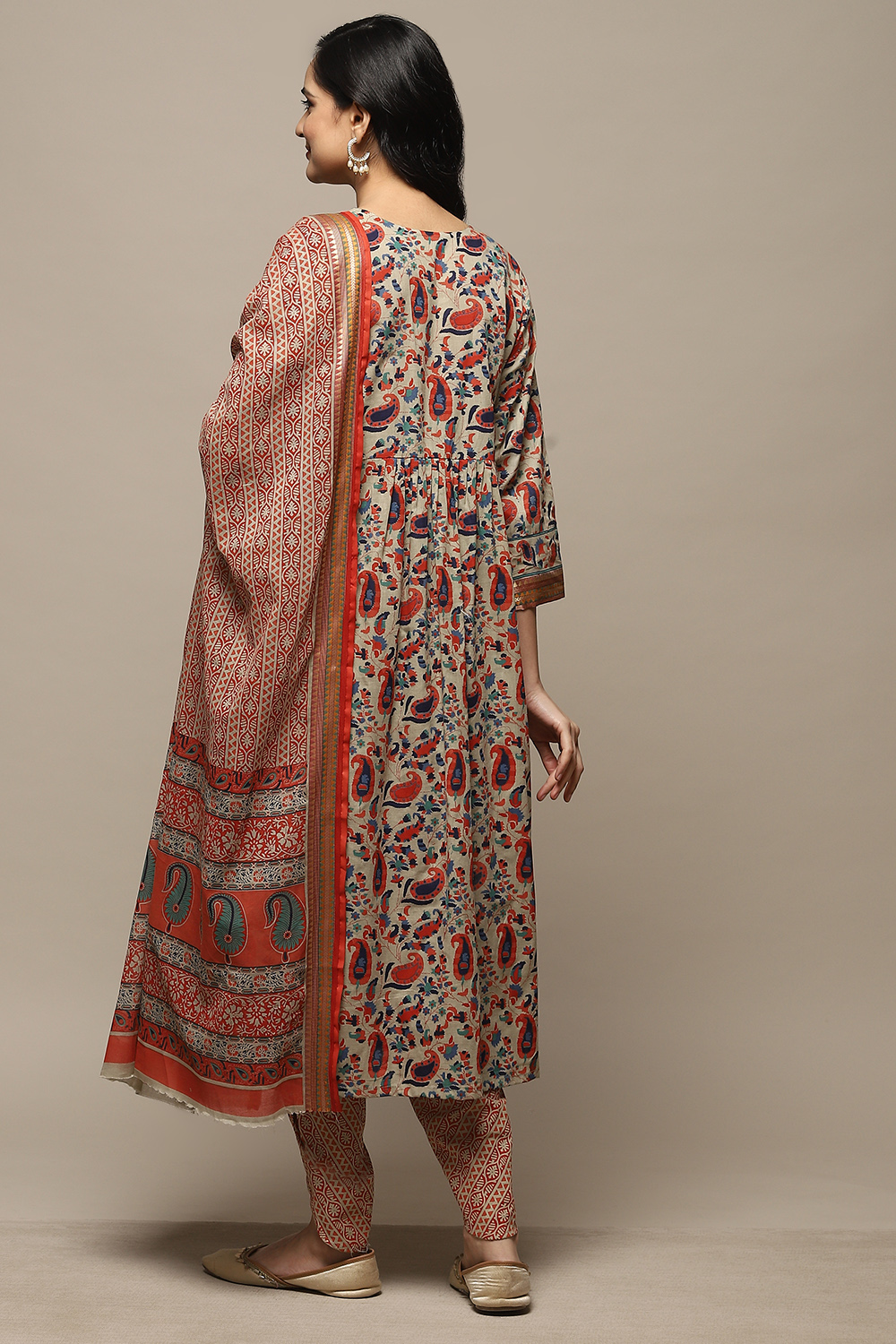 Red Cotton Hand Block Print Unstitched Suit Set image number 3