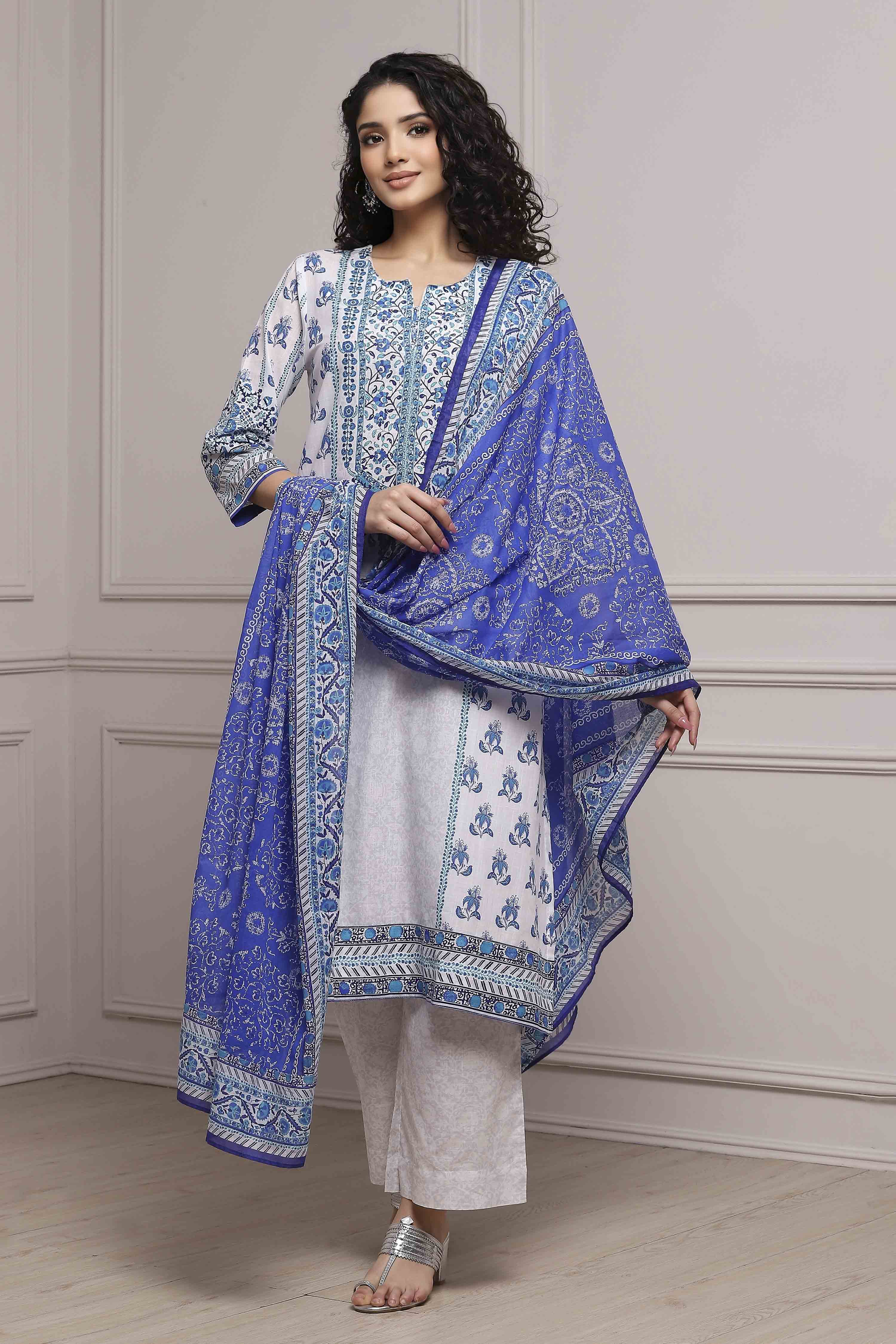 White and Blue Cotton Printed Straight Suit Set image number 6