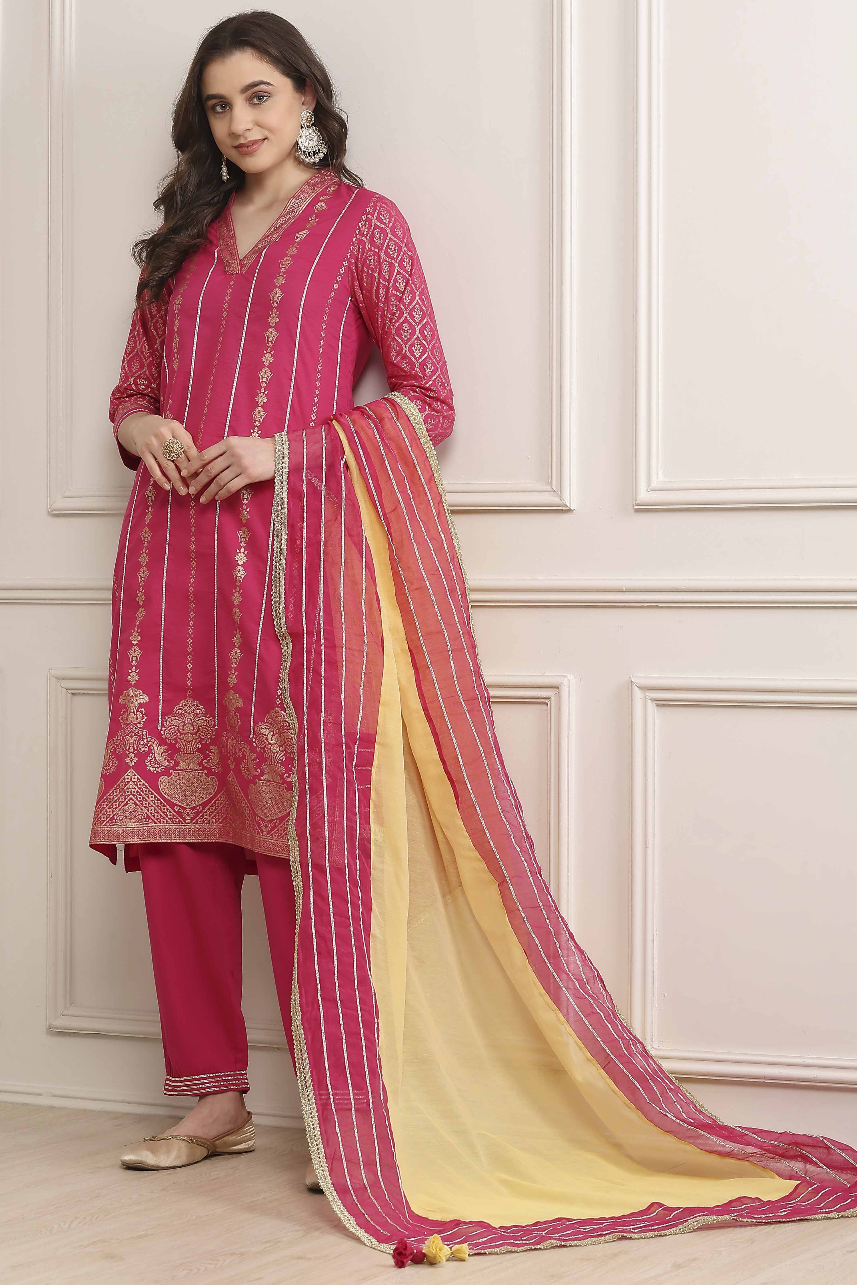 Fuchsia Cotton Straight Kurta Pants Suit Set image number 0