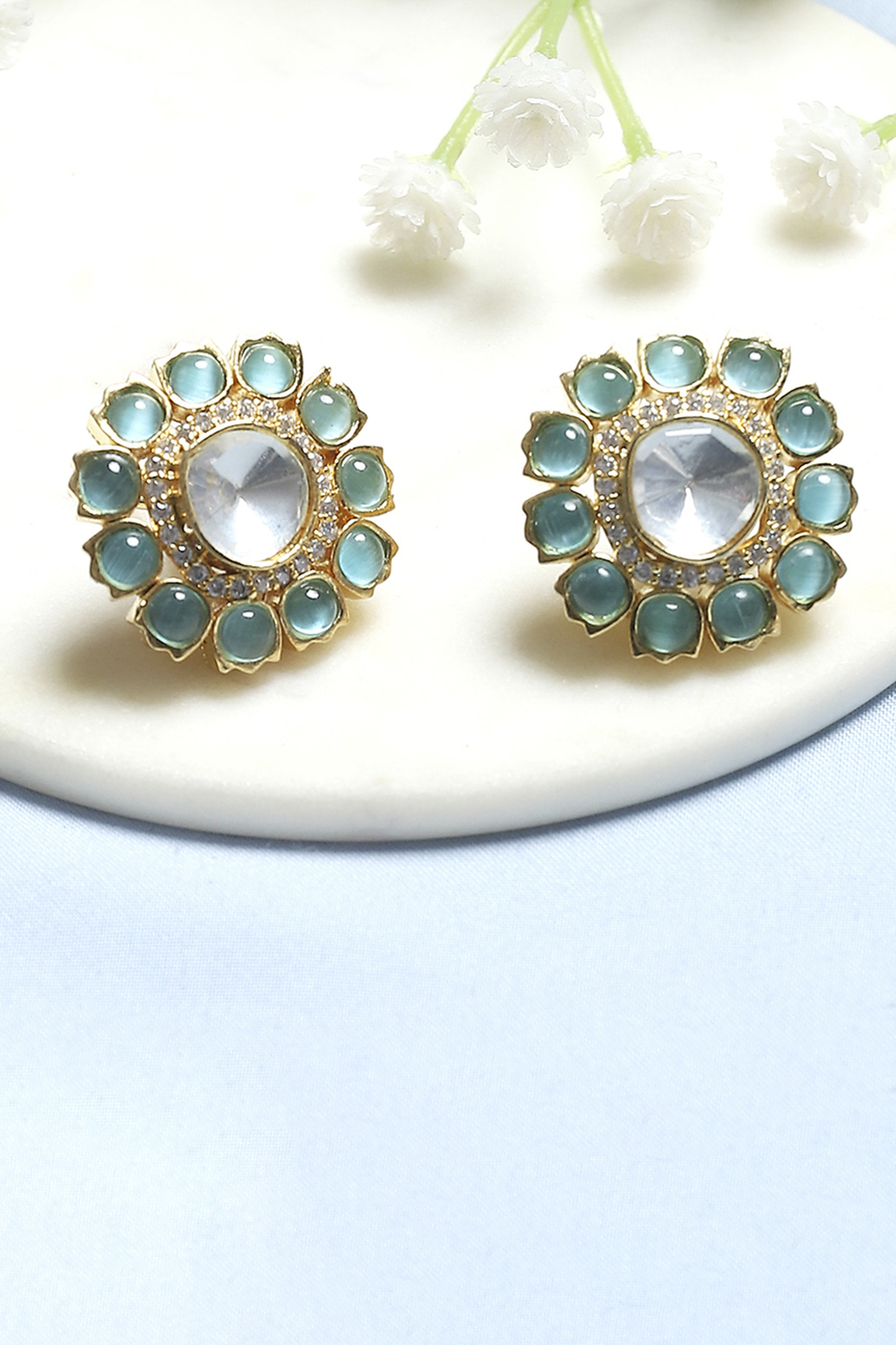 Mint Green Stone Embellished Earrings image number 0