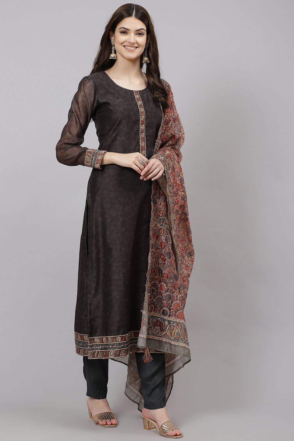 Beige Chanderi Woven Unstitched Suit Set image number 5