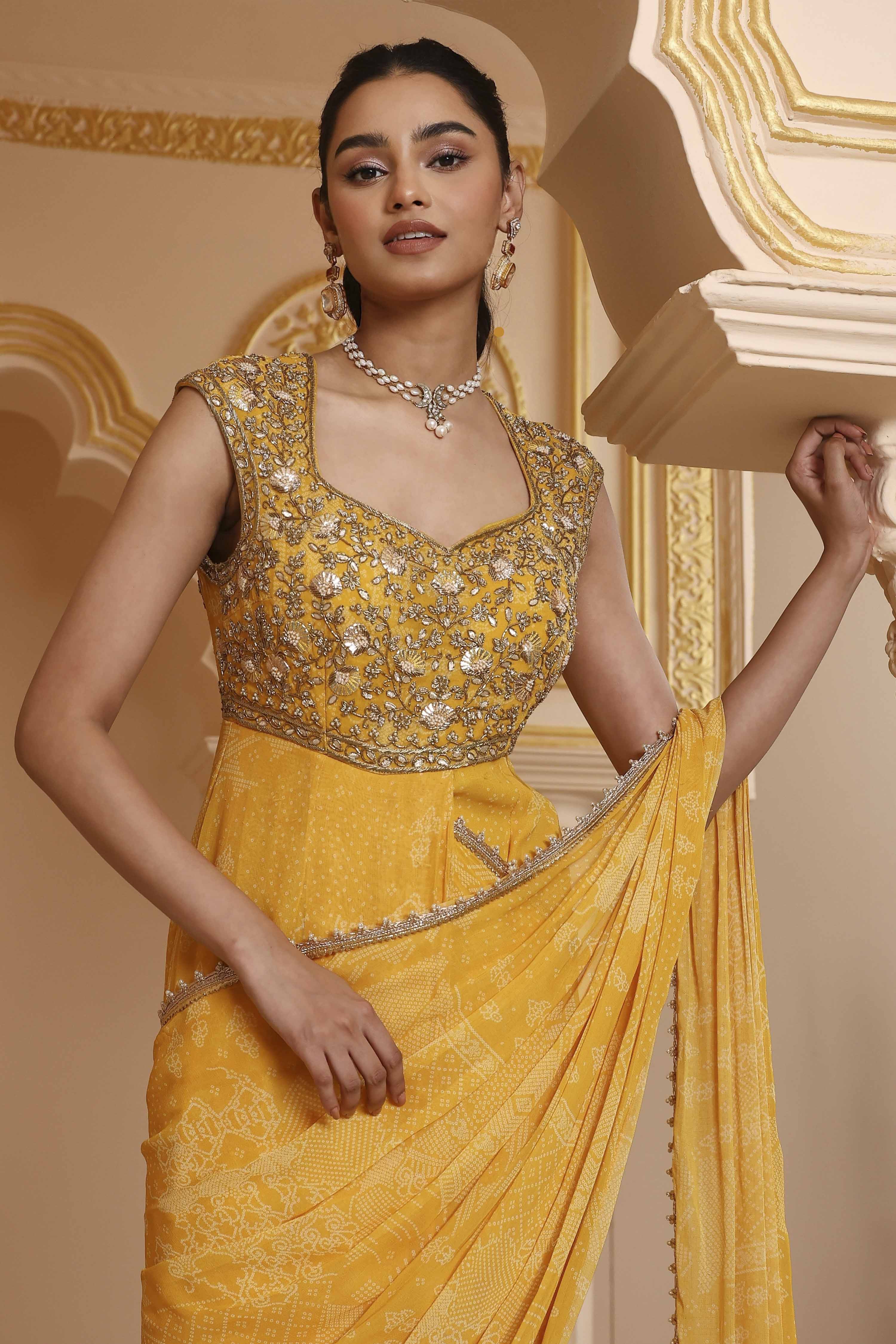 Yellow Poly Georgette Digital Printed Gown Saree image number 1