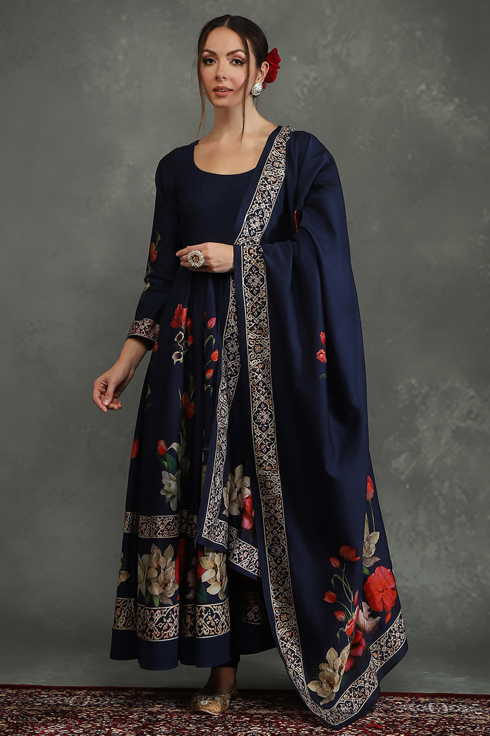 Maroon Silk Chanderi Floral Anarkali Suit Set image number 5