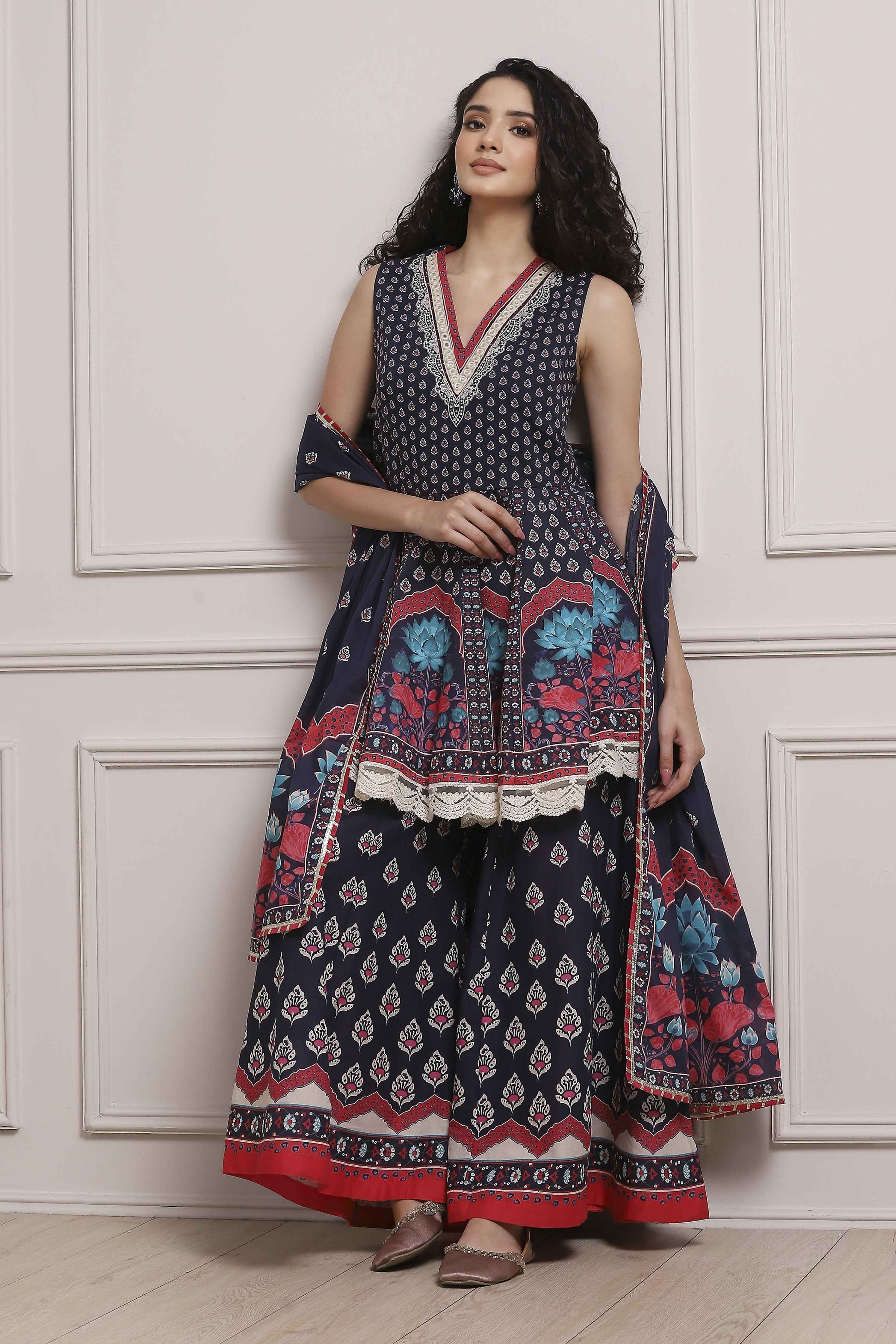 Off White/Blue Cotton Printed Sharara Suit Set image number 0