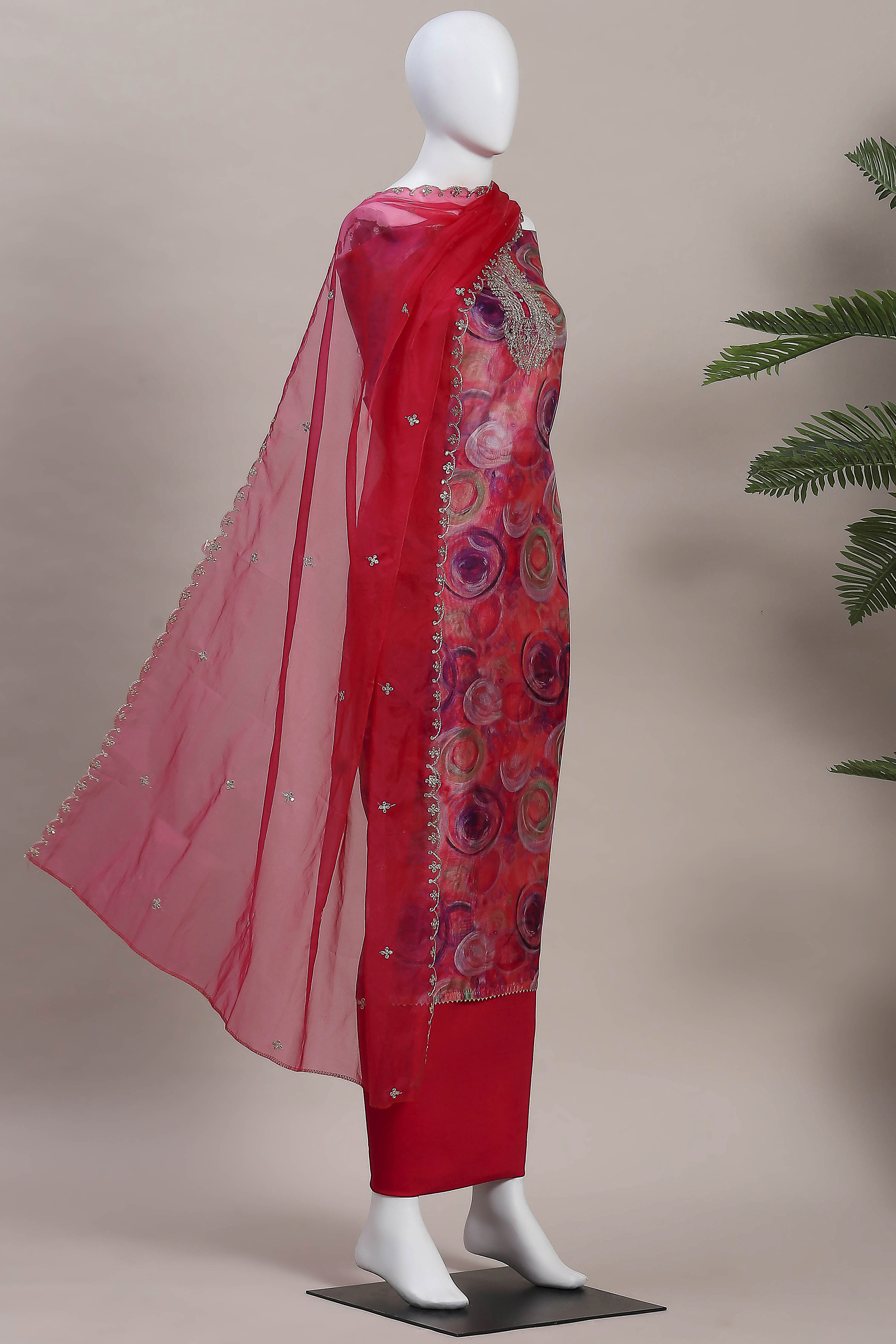 Peach-Colored Organza Rajasthani Print Unstitched Suit Set image number 4