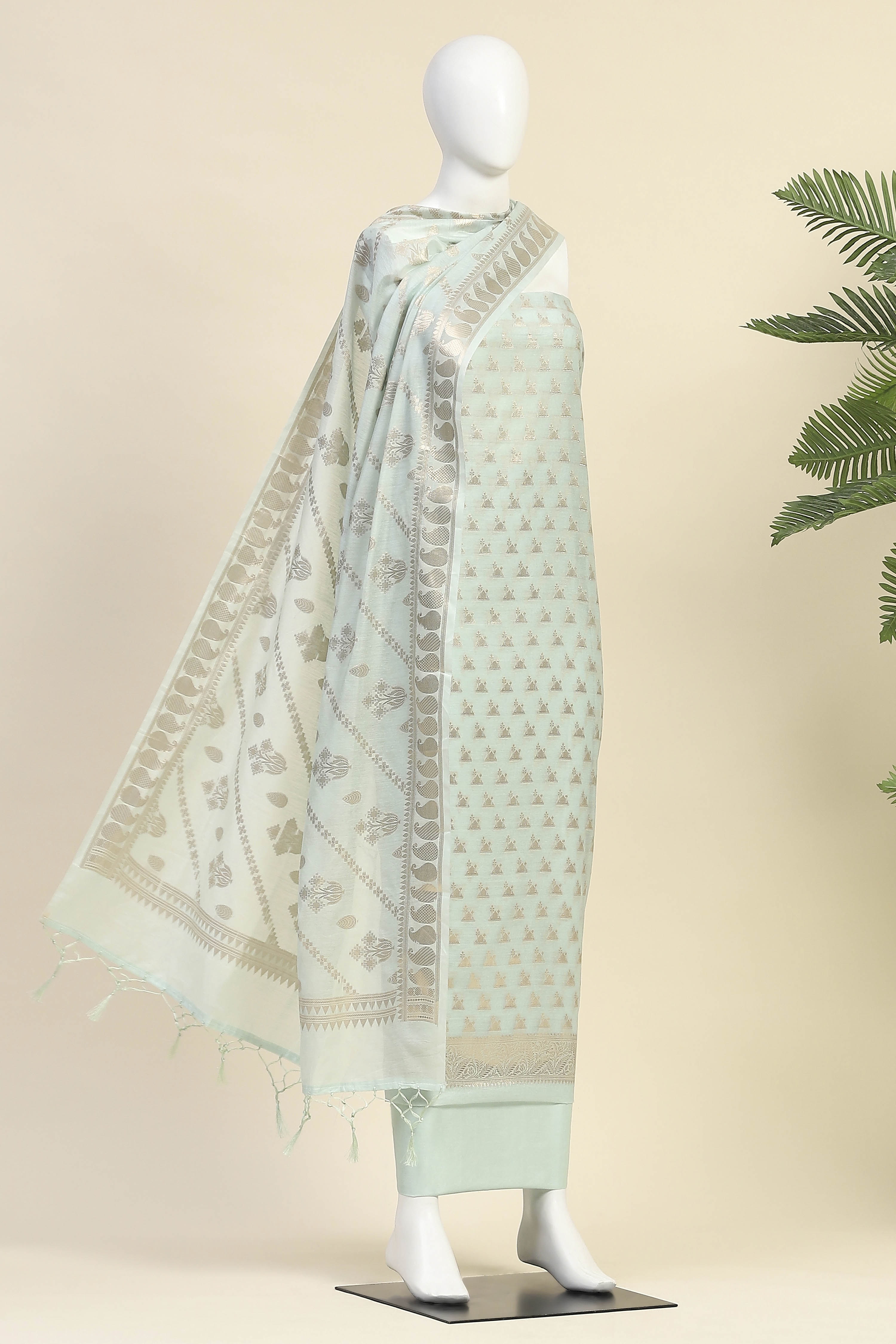 Blue Poly Silk Banarasi Unstitched Suit Set image number 4