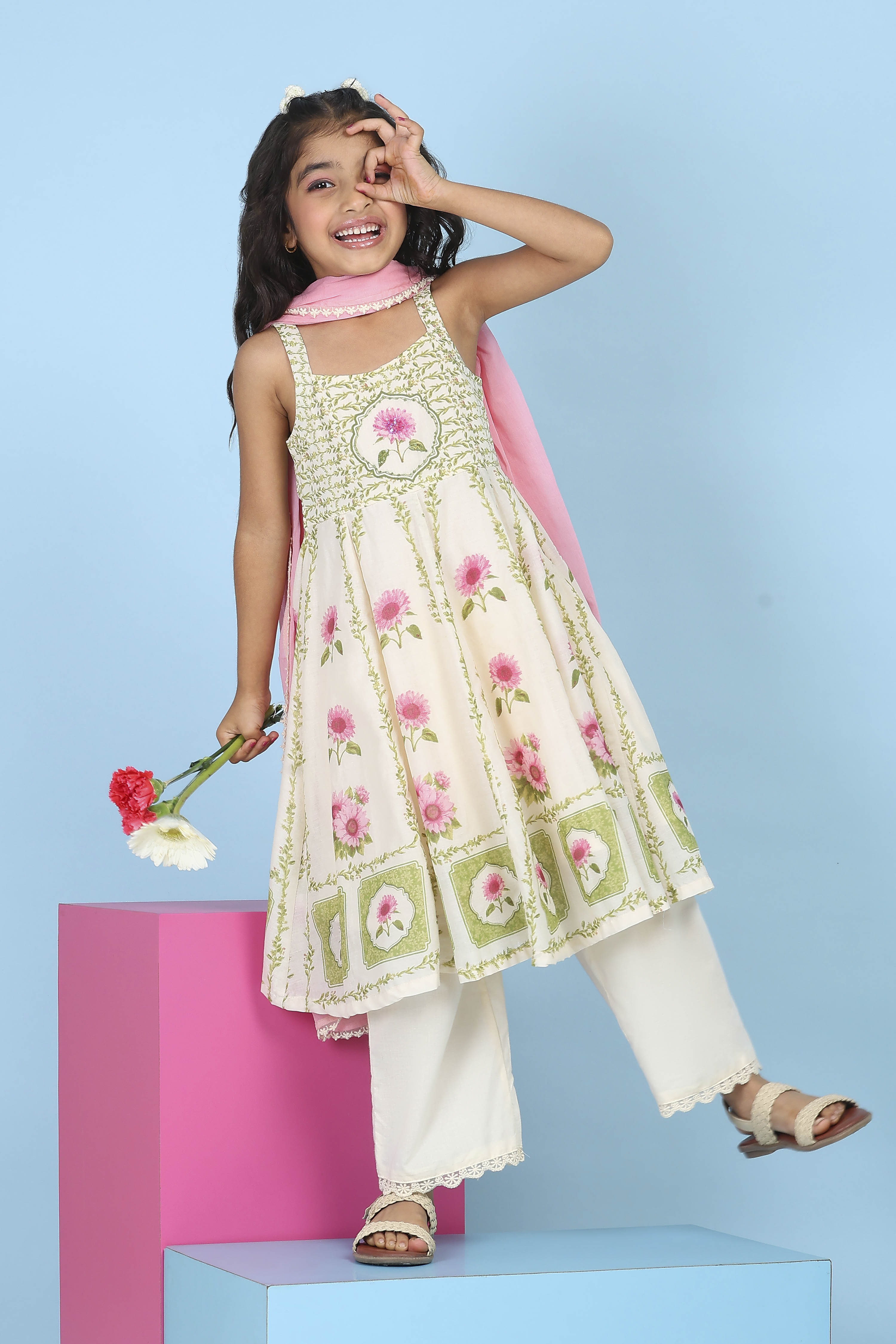 Off White & Green Cotton Floral Printed Anarkali Suit Set image number 0