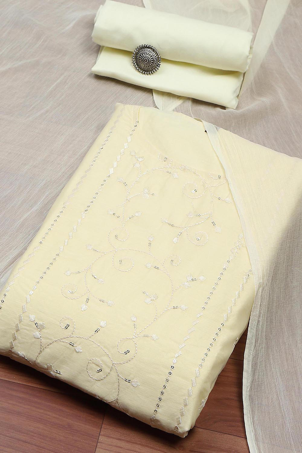 Peach Modal Satin Machine Embroidered Unstitched Suit Set image number 0