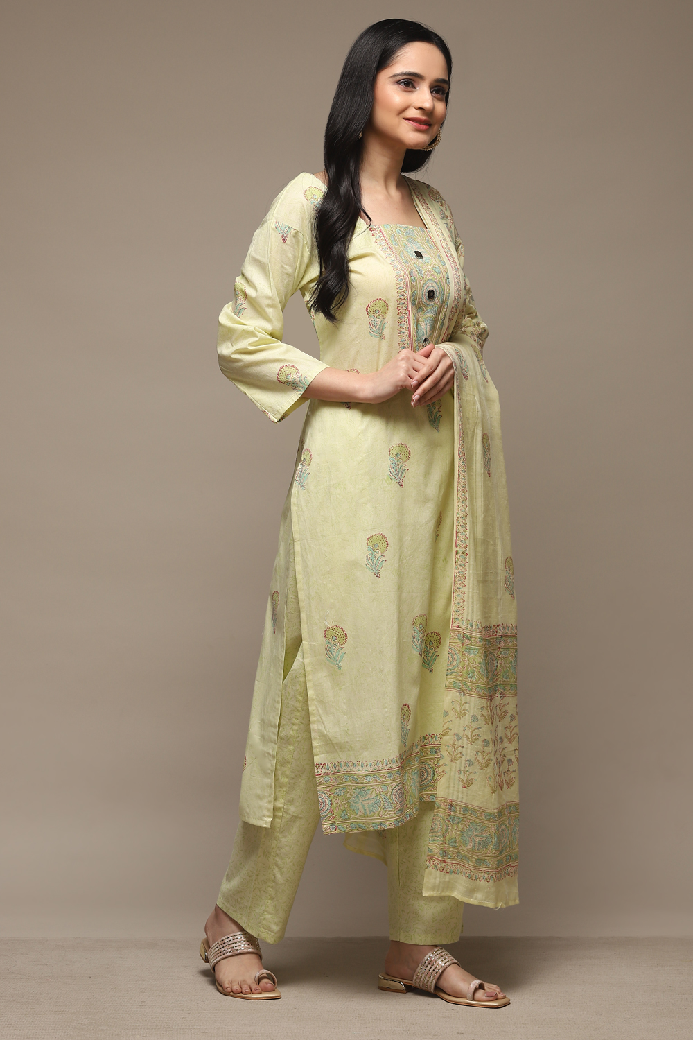 Green Cotton Hand Block Print Unstitched Suit Set image number 7