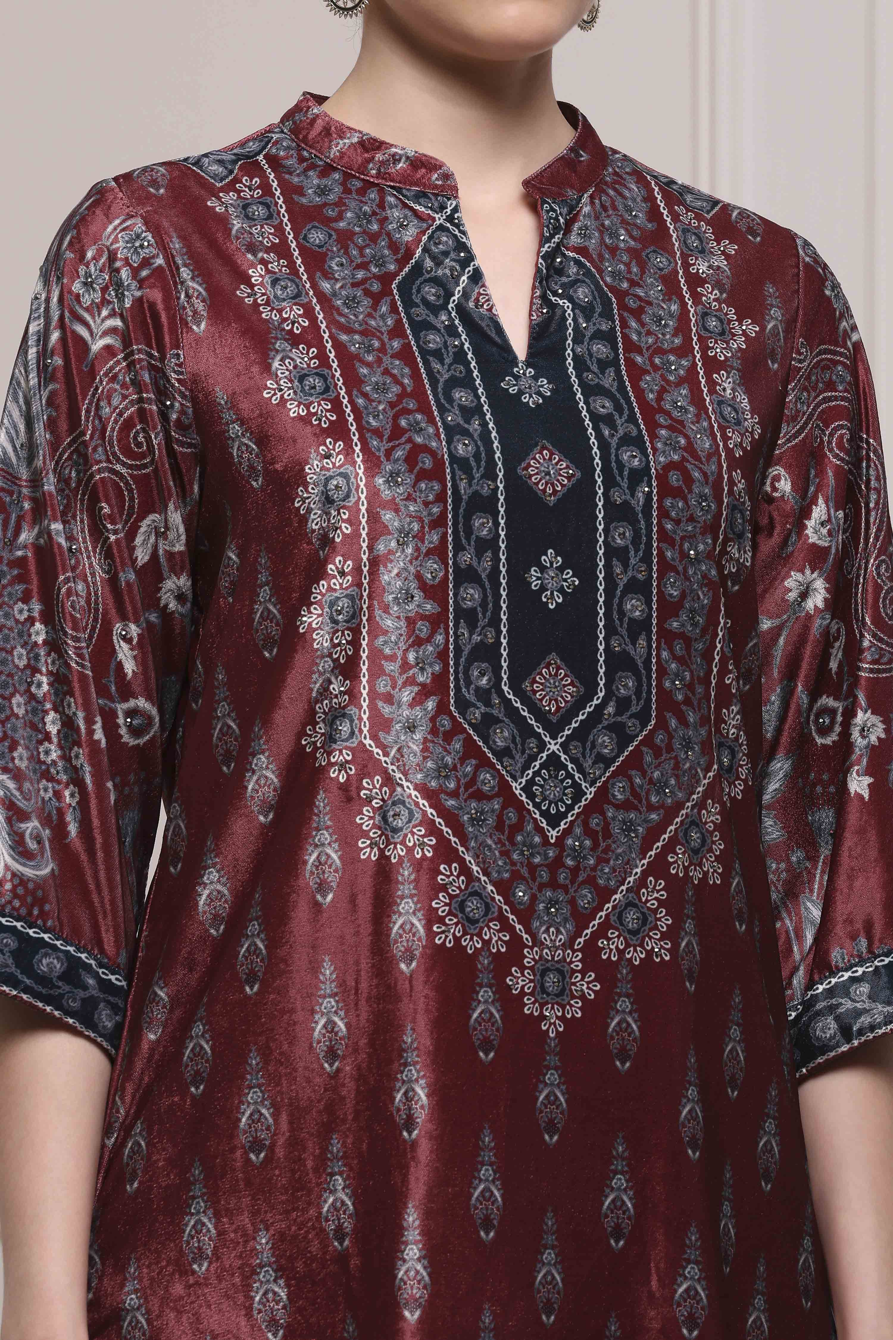 Rust Polyester Straight Printed Suit Set image number 1