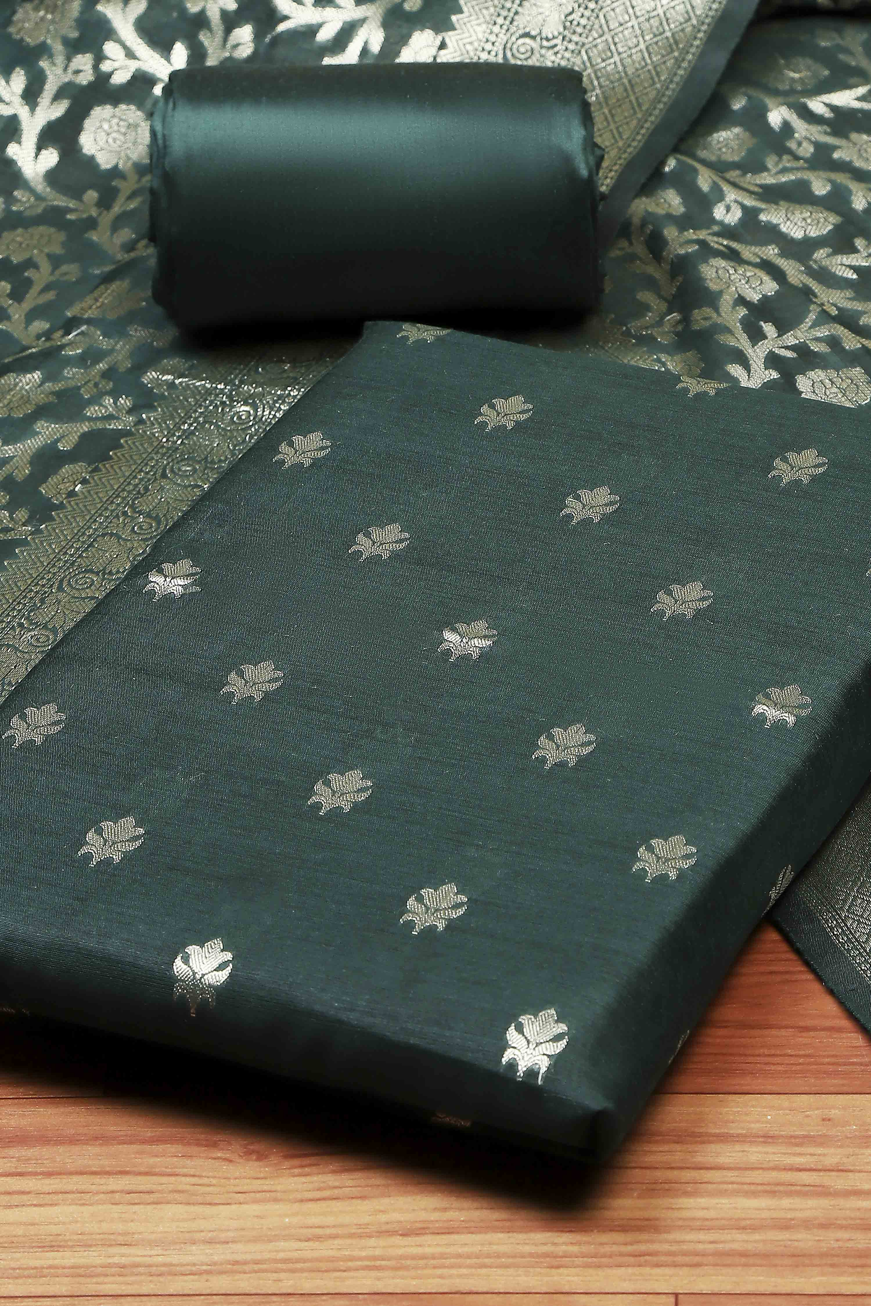 Green Black Poly Cotton Banarasi Unstitched Suit Set image number 1